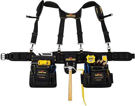MagnoGrip 20-Pocket Builders Tool Rig with Magnetic StorageHeavy-Duty 1680D Polyester Tool Belt with Padded Suspenders, Rivet Reinforced Stress Points, and Smartphone Holder, Fits Up to 52 Waist.