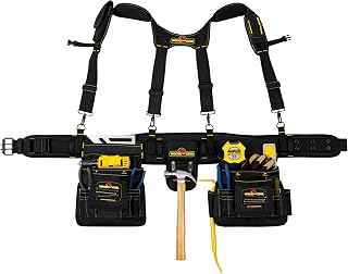 MagnoGrip 20-Pocket Builder’s Tool Rig with Magnetic Storage—Heavy-Duty 1680D Polyester Tool Belt with Padded Suspenders, Rivet Reinforced Stress Points, and Smartphone Holder, Fits Up to 52” Waist.