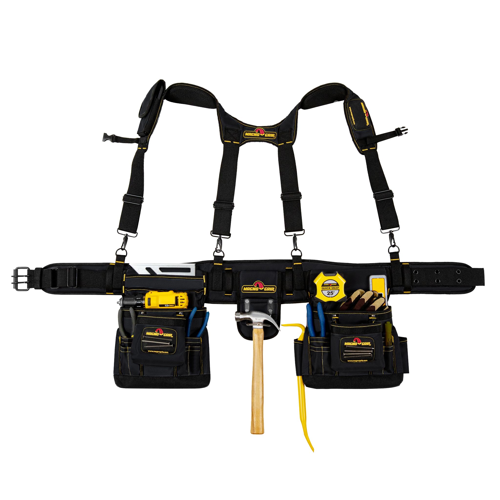 MagnoGrip 20-Pocket Builder’s Tool Rig with Magnetic Storage—Heavy-Duty 1680D Polyester Tool Belt with Padded Suspenders, Rivet Reinforced Stress Points, and Smartphone Holder, Fits Up to 52” Waist.