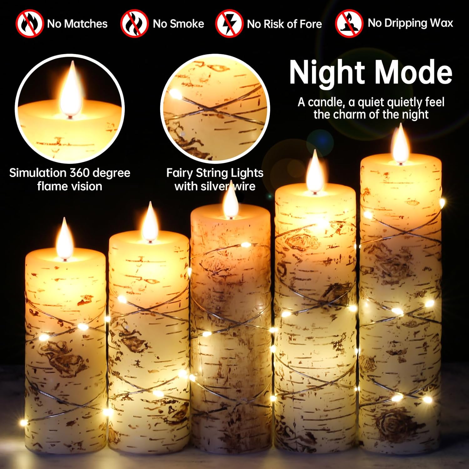 Da by LED Candles Hand Painted Birch Bark Recessed String Candles Set of 5 (Heights: 4", 5", 6", 7", 8") Battery Powered with Dancing LED Flame
