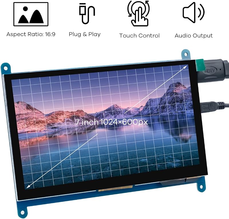 LAFVIN 7" IPS LCD Érintőképernyős Monitor 1024x600 Kapacitív Kijelző HDMI Csatlakozással Raspberry Pi, Windows 10/8/7 Rendszerekhez