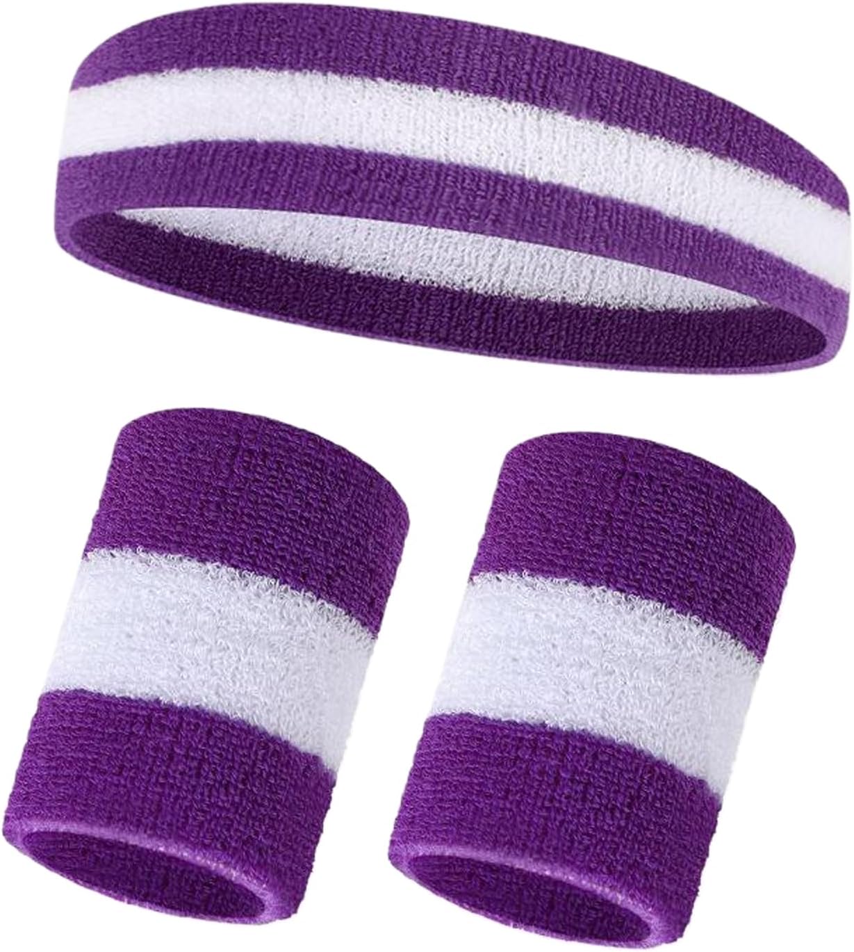 Striped Sweatband Set, 2 Wristbands and 1 Headband, Moisture Wicking Athletic Bands for Sports, Men and Women,Athletic Bands for Basketball, Tennis, Working Out