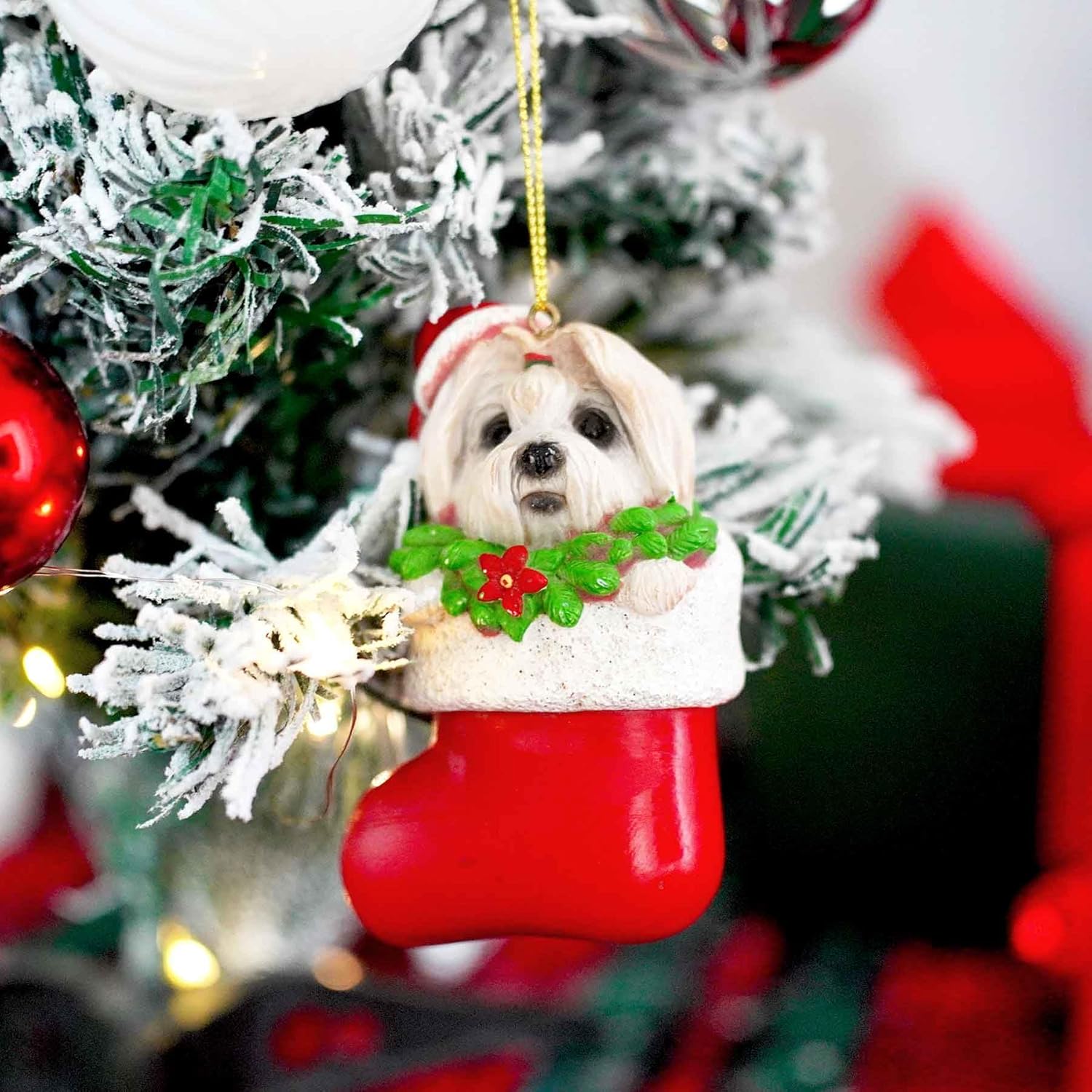 Maltese Dog Christmas Ornament – Cute White Dog in Stocking with Gold Hanging String, Resin Pet Figurine for Christmas Tree Decorations, 2025 Animal Ornaments - Image 6