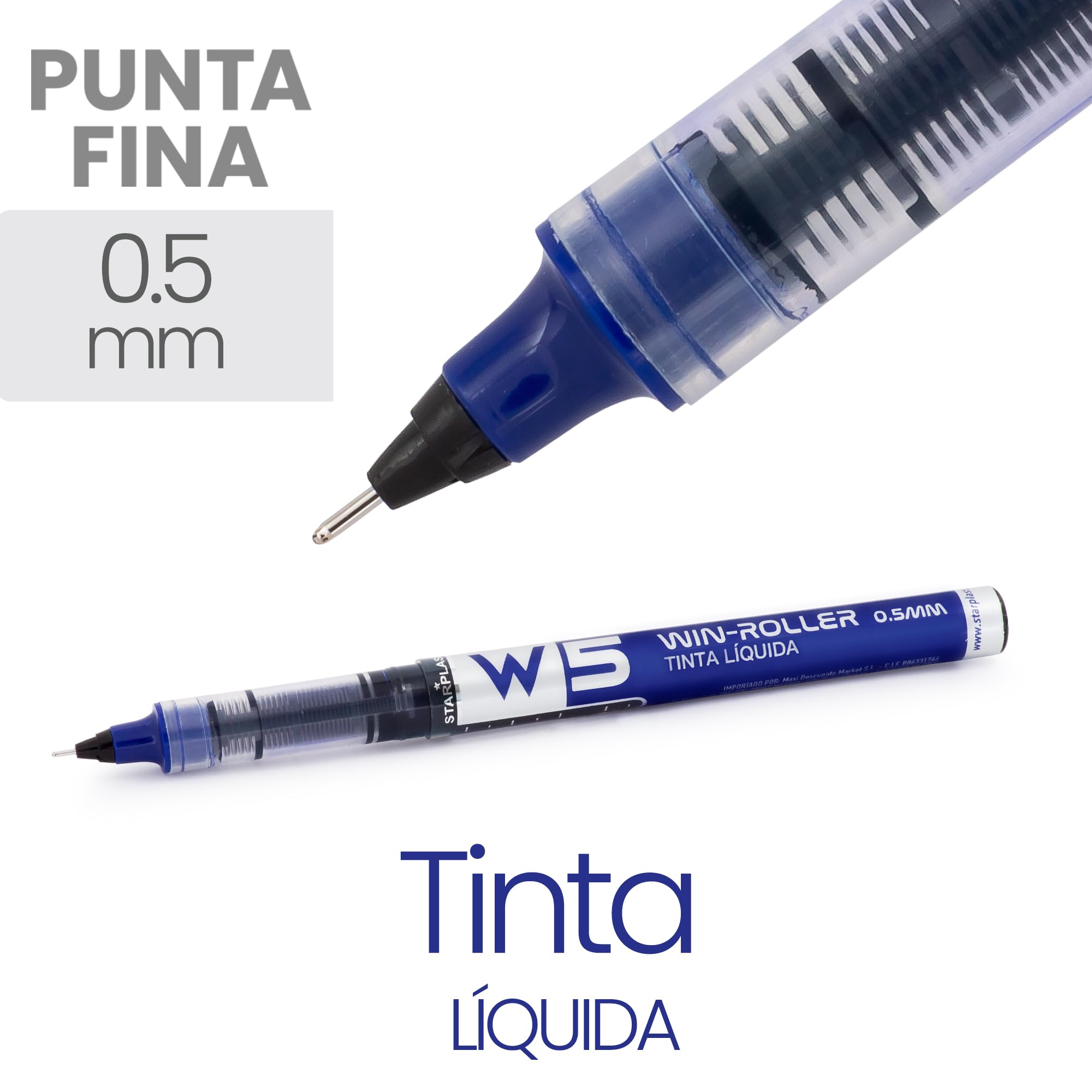 Starplast 24 BOLÍGRAFOS W5 TINTA LÍQUIDA Pigmento profesional, larga duración, punta fina 0.5mm para escribir - Negro y Azul