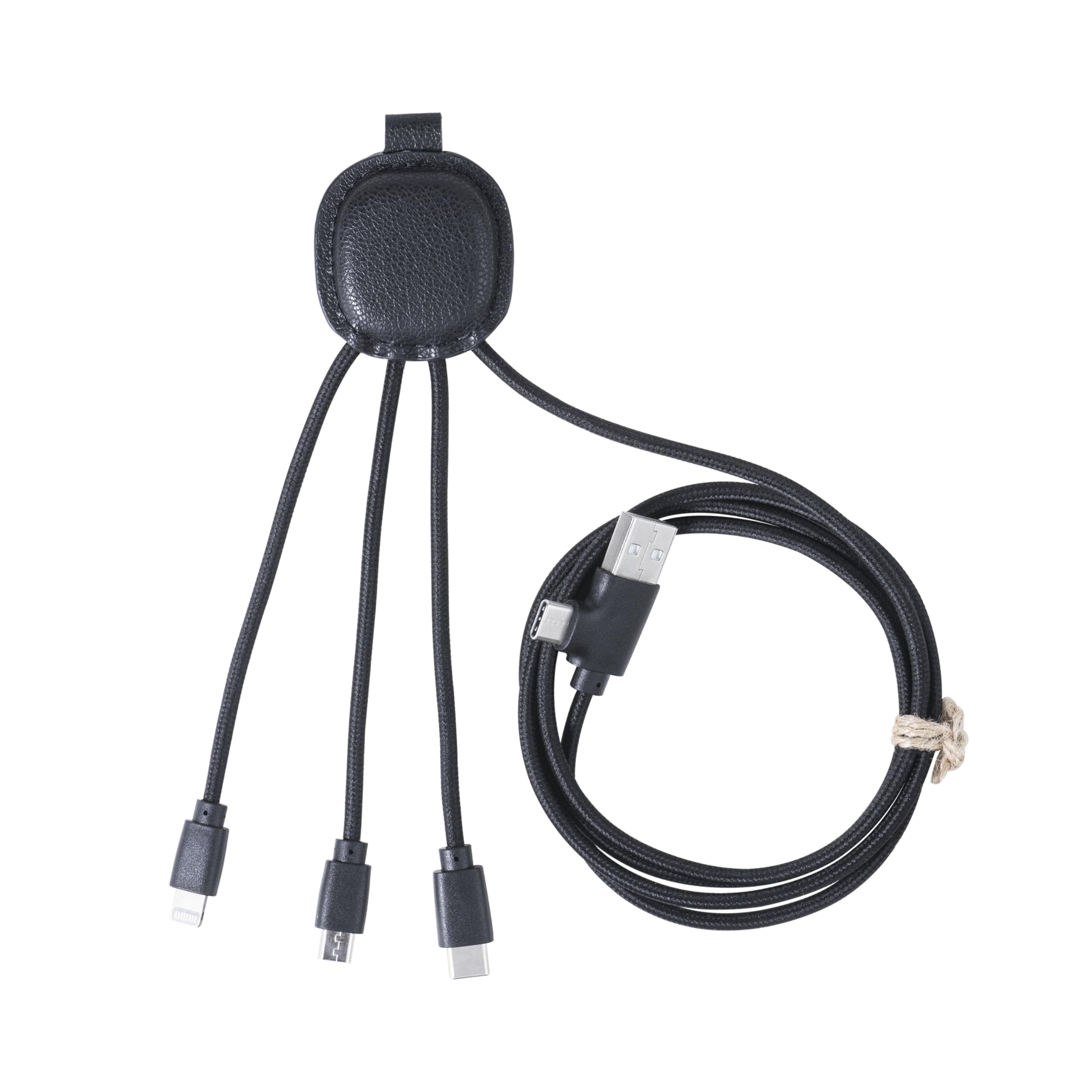 Xoopar Kabel Multi USB 4 w 1 USB-C, USB, Lightning, Micro USB - Iné Smart Long 1m - Skórzana funkcja NFC z recyklingu do ładowania smartfonów iPhone, Samsung, Huawei, Xiaomi, LG, czarny