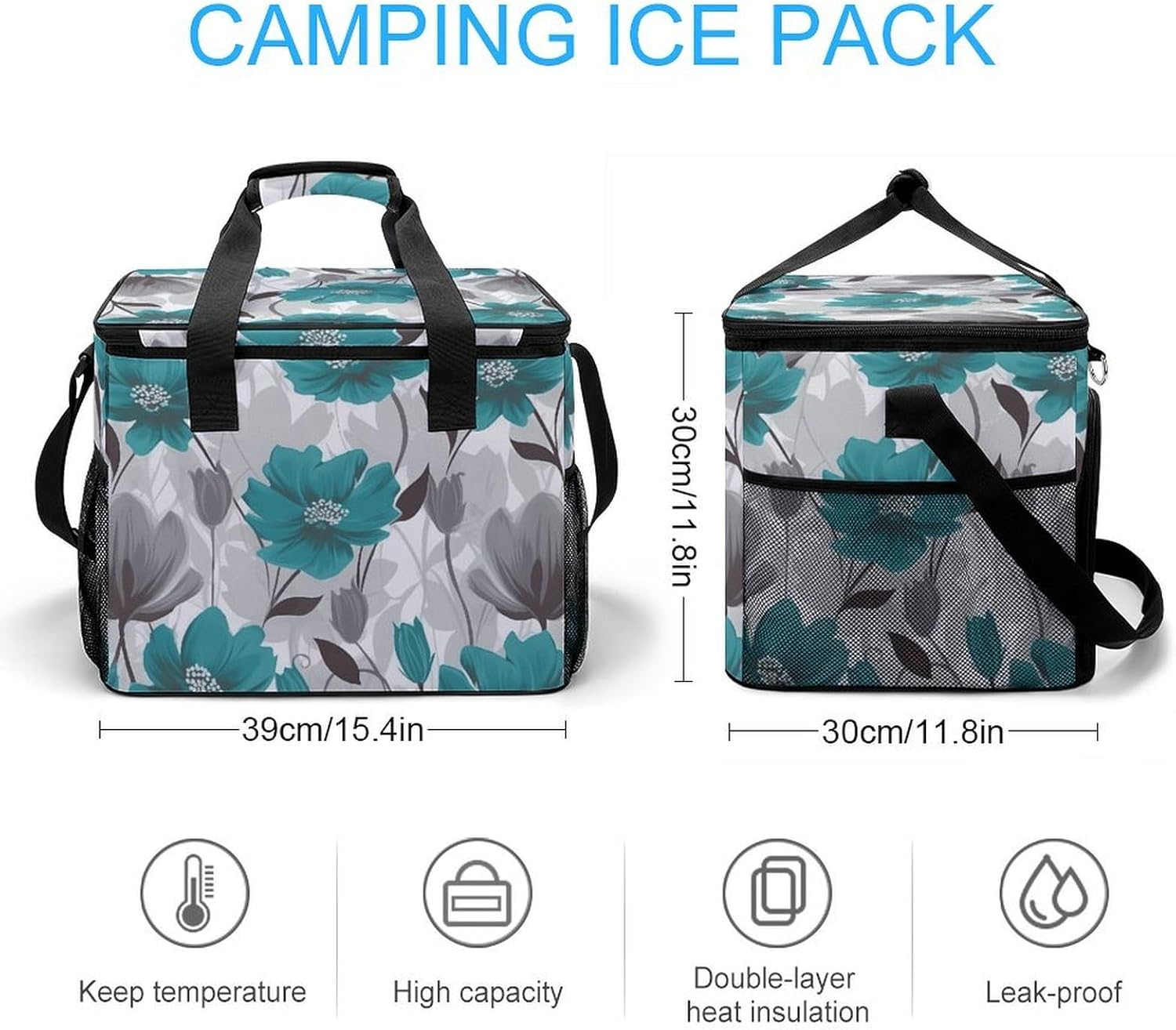 Large Capacity Oxford Cloth Teal Grey and White Floral Printed Camping Ice Bag, Outdoor Portable Insulation and Cooling Bag, Suitable for Outdoor Camping and Picnics