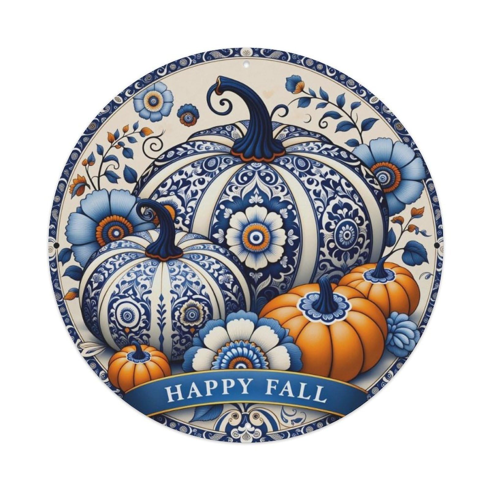 Blue And White Porcelain Style Pumpkin Happy Fall Floral Round Wall Sign Vintage Aluminium Metal Sign, Retro Wall Decor for Home, Bar, Garage & Farmhouse 20x20cm