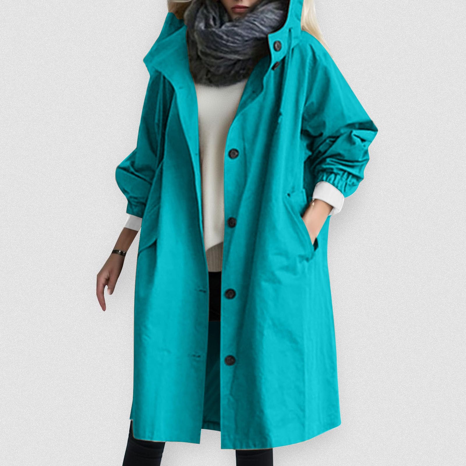 Trench Coat pour femme, trench long avec capuche, parka, manteau de transition, manteau d'été, veste coupe-vent, veste d'extérieur léger, trench coat, manteau, coupe-vent, bleu, taille L