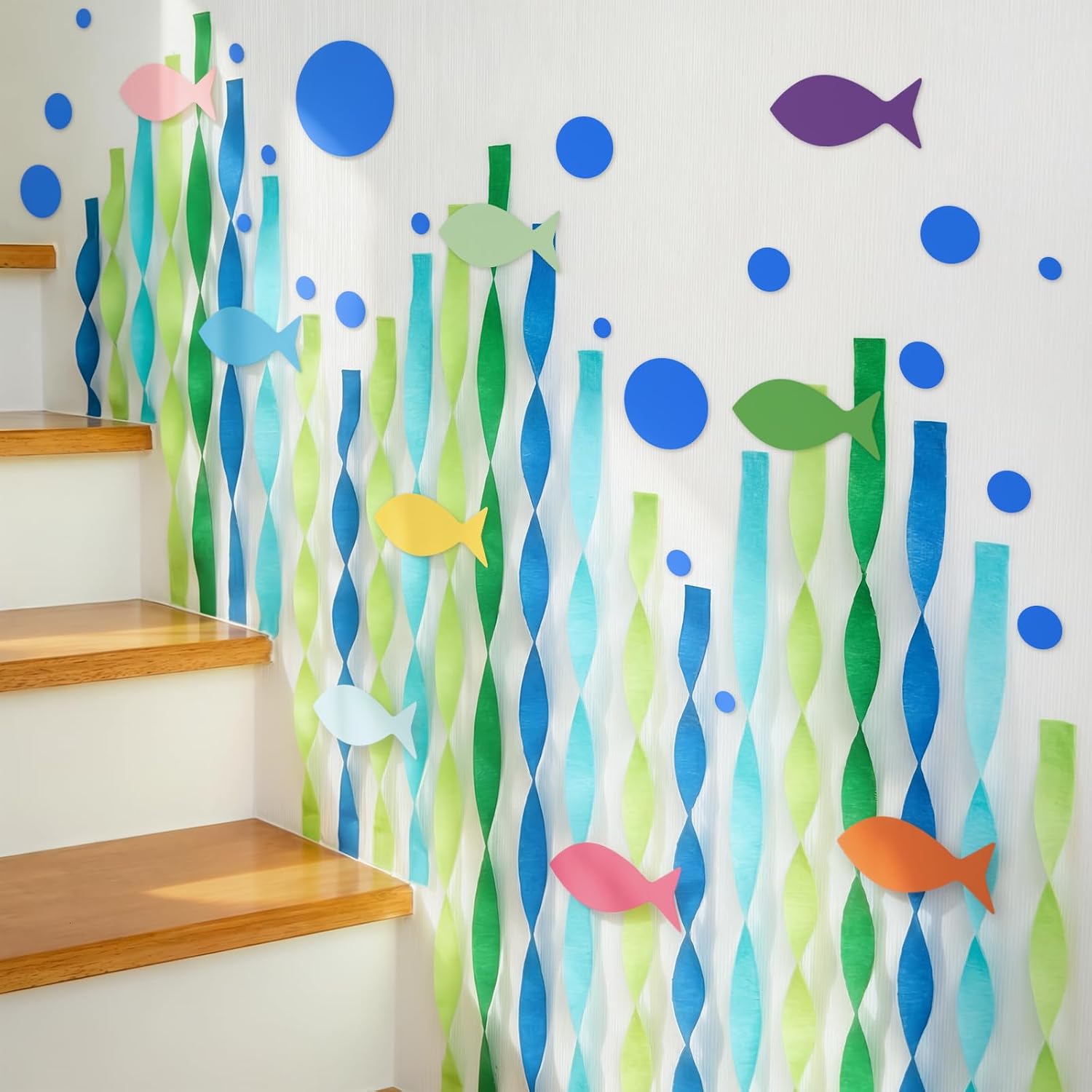 Colarr 43 Pcs Under the Sea Party Decoration Set, Cartoon Ocean Theme Birthday Party Supplies Crepe Paper Streamer Colorful Fish Cutout Round Sticker for DIY Craft Prop Bulletin Board Decor