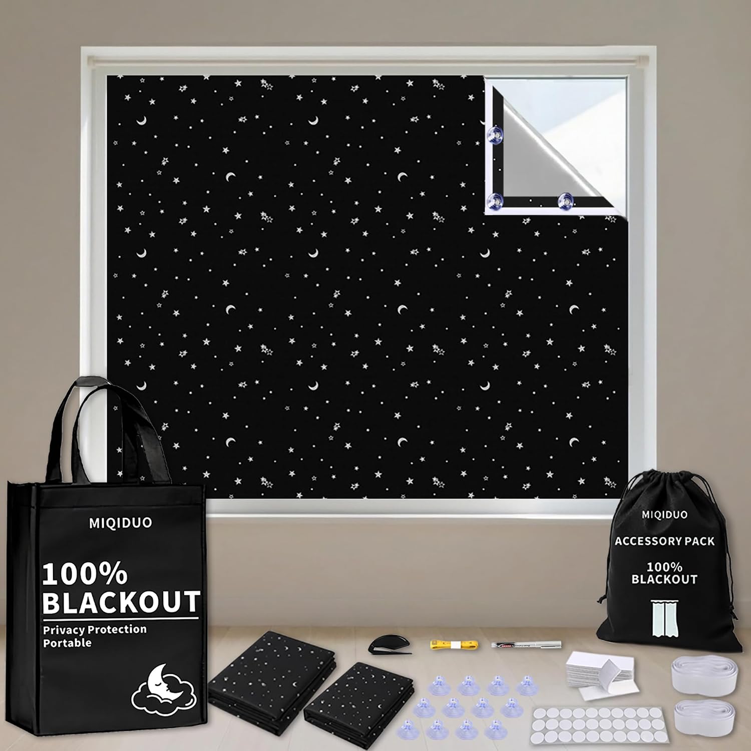 Portable Blackout Curtains 2 Pack 100% Light Blocking Window Shades, No Drill Adhesive Curtains for Bedroom, Travel, RV, Thermal Insulated (Starry Black, Main(59"x48")&Bonus(78"x57"))