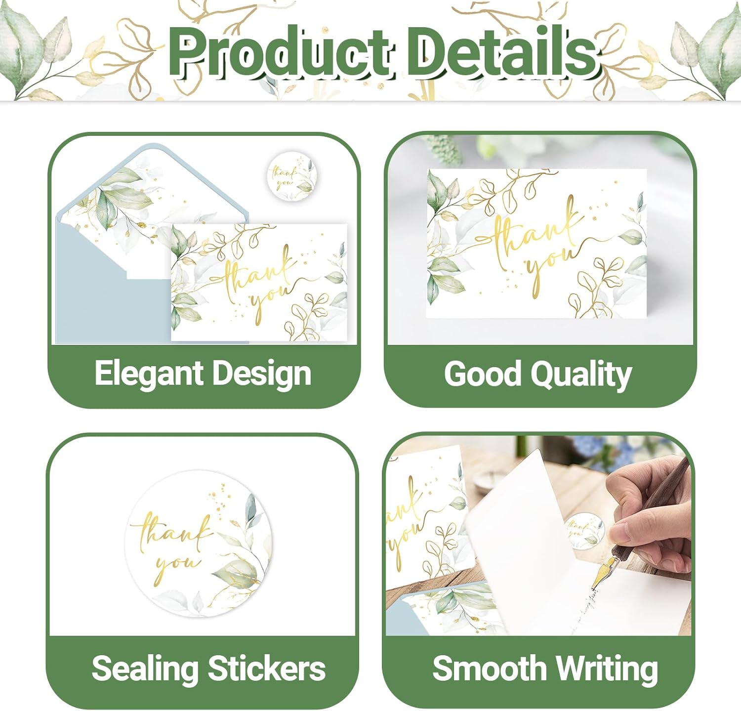 48 Pack Green Thank You Cards With Envelopes, Eucalyptus Leaves Thank You Card, for Bridal Appreciation Banquet, Baby Shower, Graduation Ceremony, Birthday Greeting Letter, Blank Cards and Envelopes 4x6 Inch - Image 3