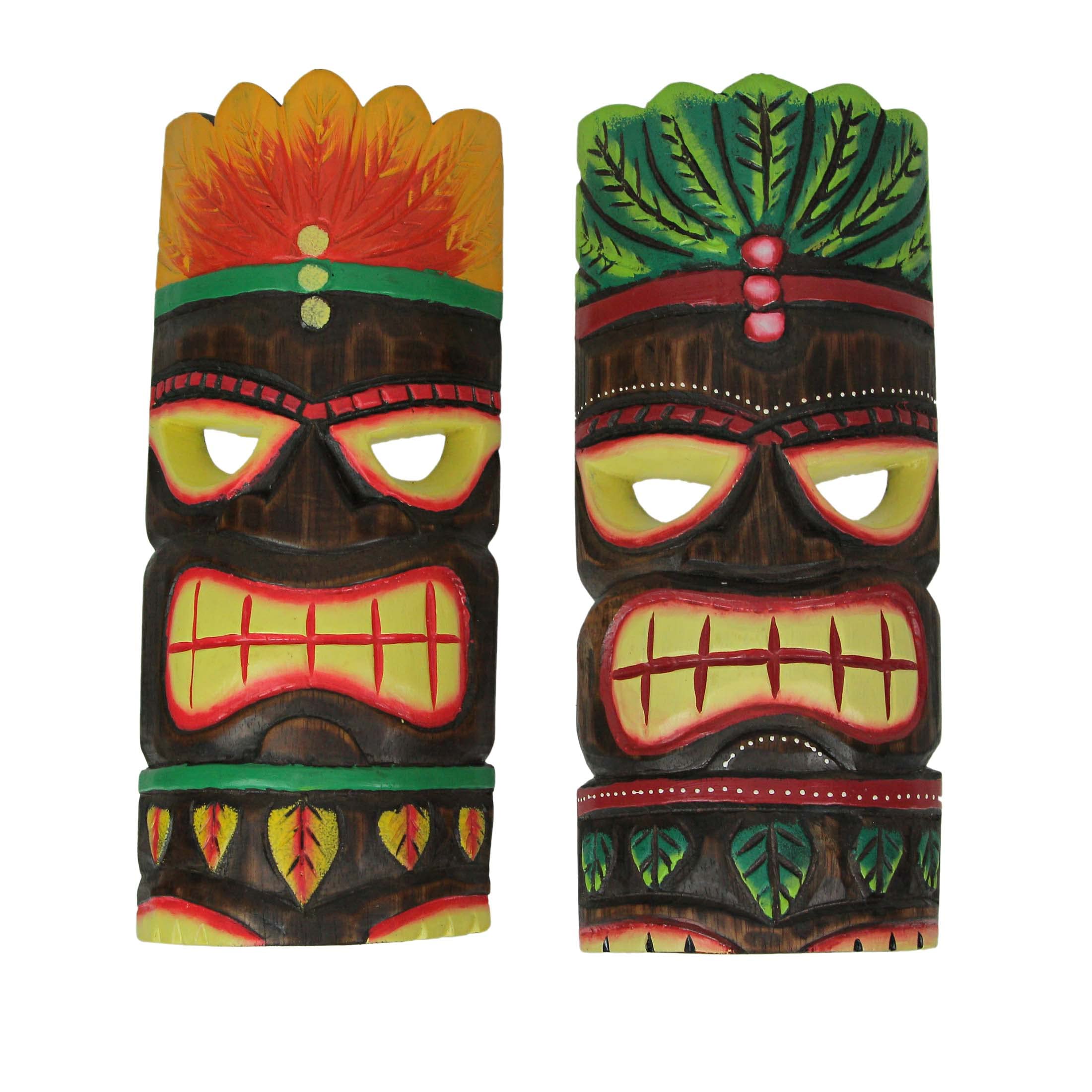 Set of 2 Hand Carved Natural Wood Orange & Green Headdress Tiki Mask Art Tropical Décor 12 Inches High