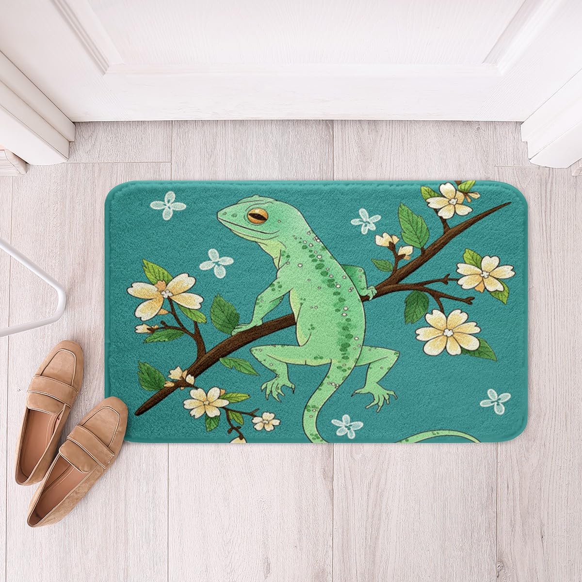 Erosebridal Green Lizard Bath Mat Animal Reptile Bathroom Rug, Beige Flower Floral Bathroom Floor Mat Cartoon Wildlife Carpet, Brown Branches Green