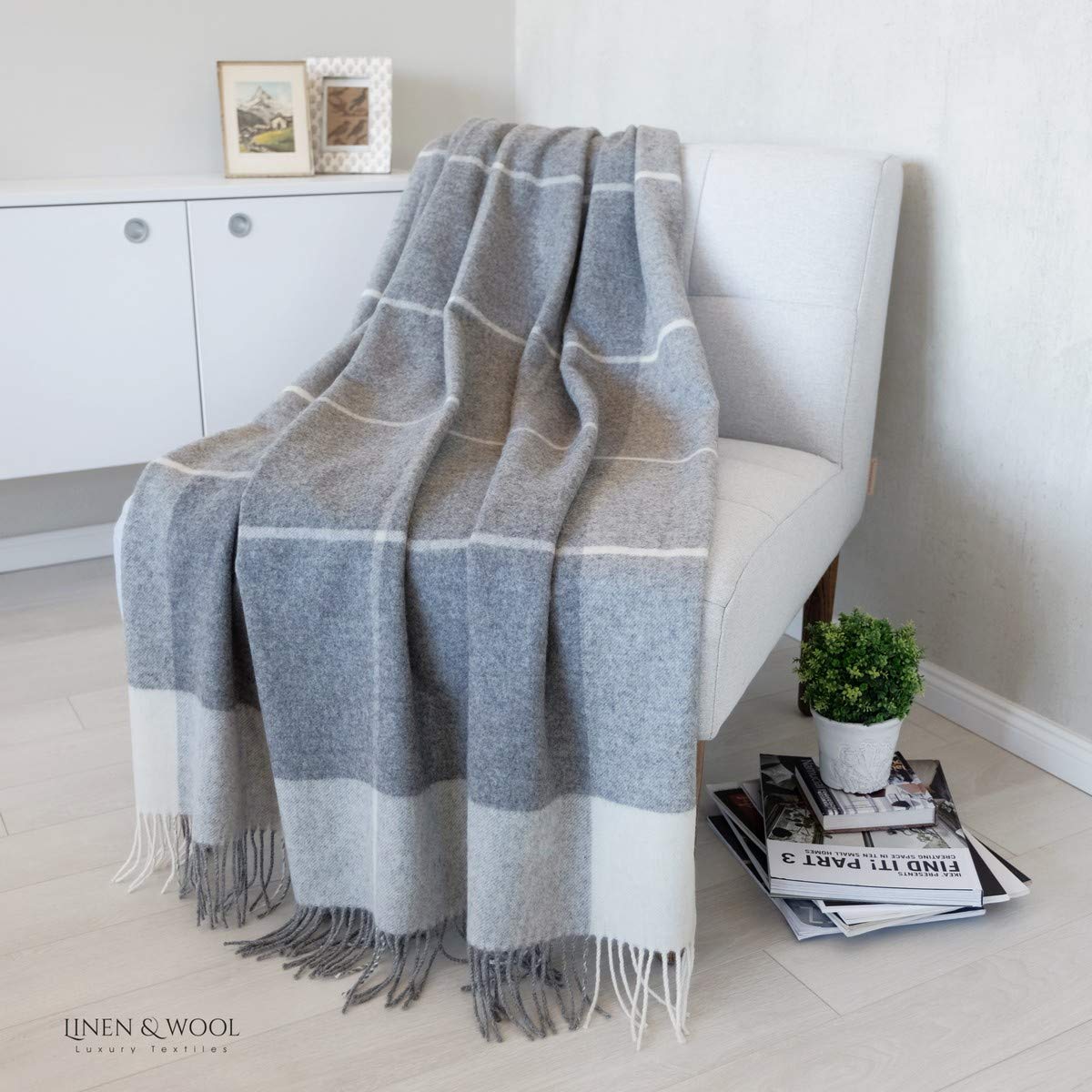 Linen & Cotton Manta Sofa/Mantas de Cama de Lujo Olivia a Cuadros - 100% Pura Lana Merino, Gris/Blanco (140 x 200cm) Plaid/Blanket/Funda Single Matrimonial de Lana Oveja Ideal para el Invierno