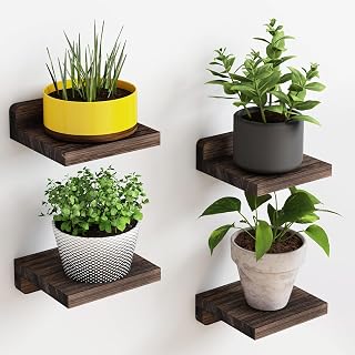 Fixwal 5x5 Inch Rustic Wood Floating Shelves Set of 4 - Small Wall Mounted Shelves for Bedroom, Kitchen, Bathroom (Dark Carbonized Black)