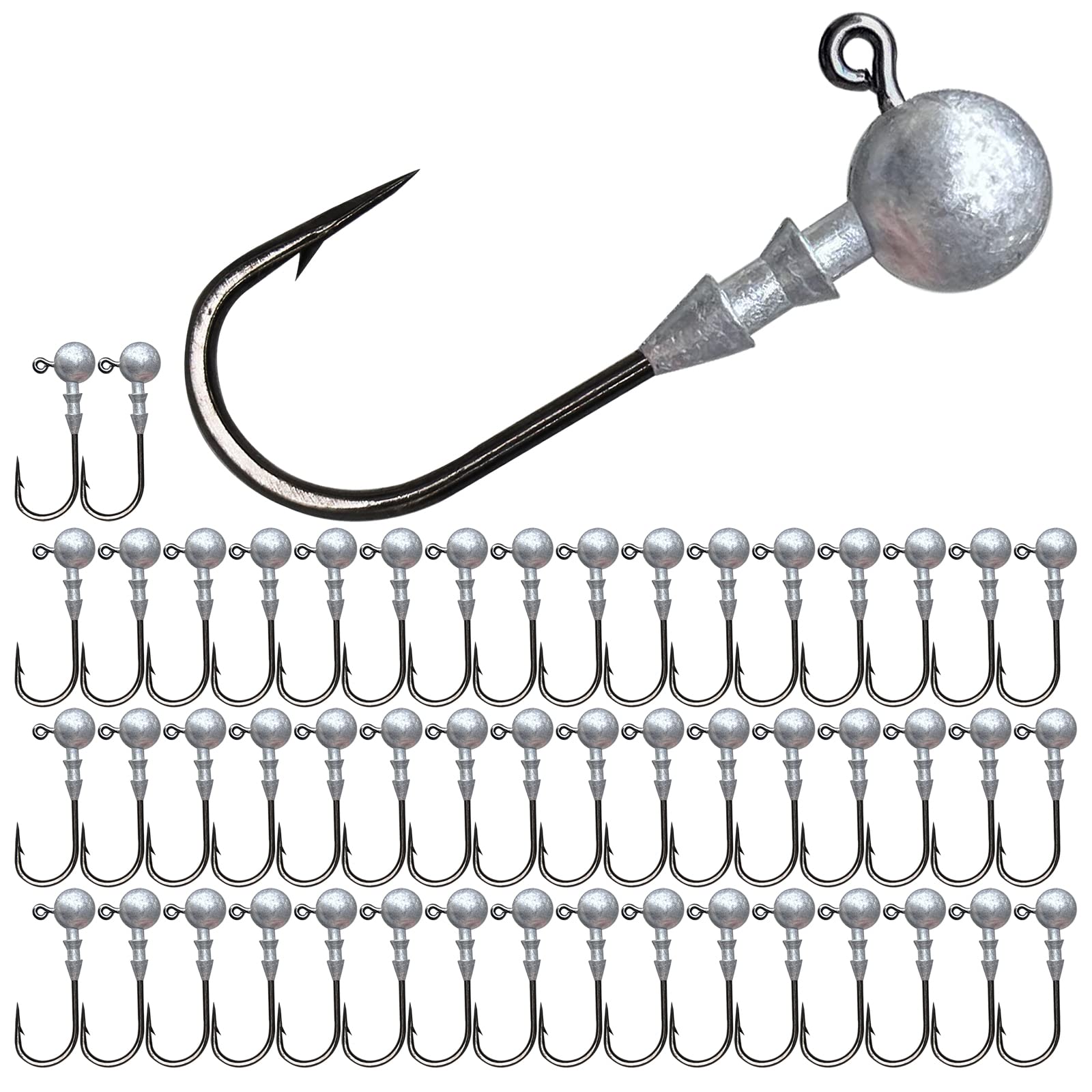 50pcs Round Ball Fishing Jig Heads Set, Fishing Hooks for Saltwater Freshwater Swimbait Bass Trout, 1/8oz 1/6oz 1/4oz