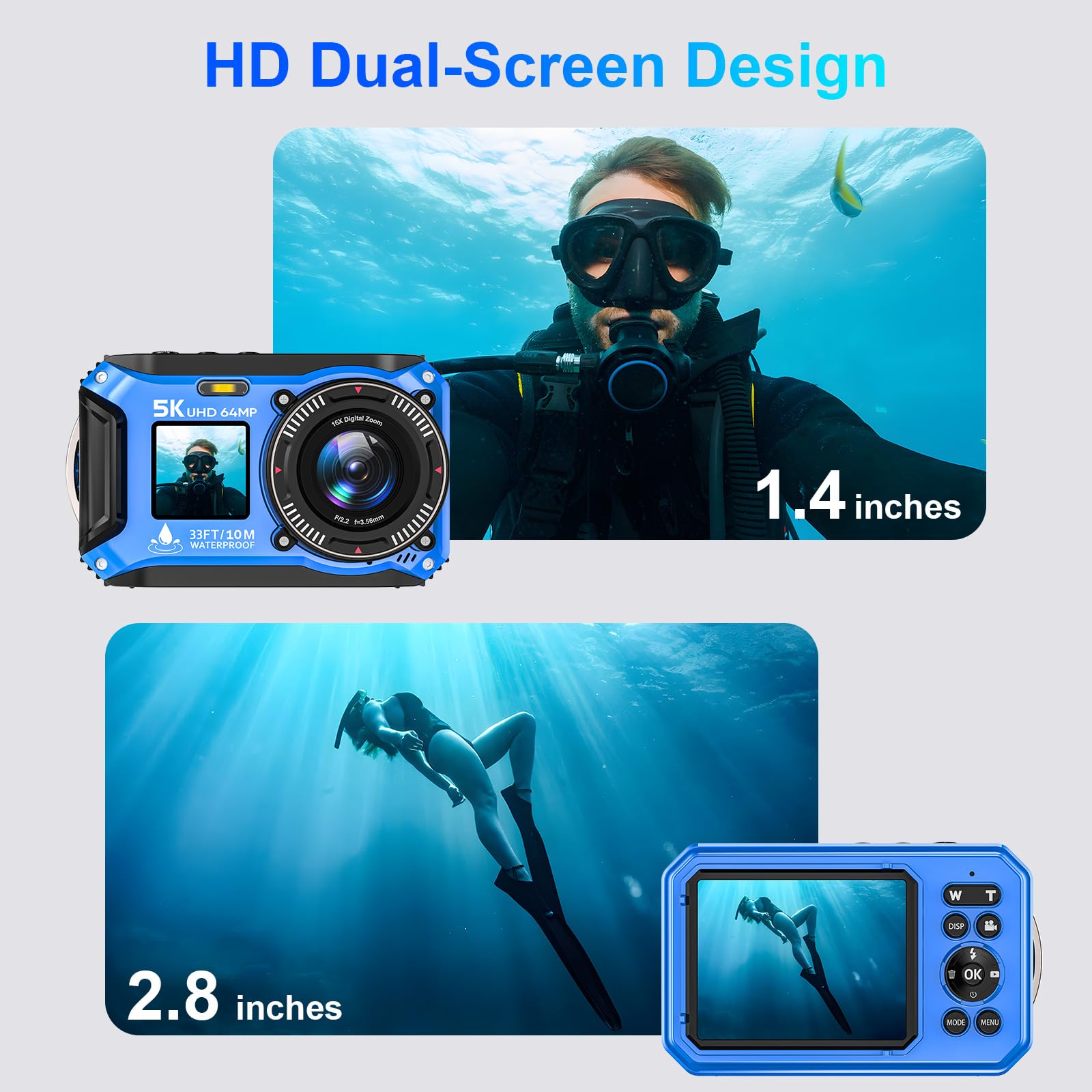 Unterwasserkamera 5K 64MP wasserdicht 33FT Autofokus Digitalkamera 1500mAh Akku