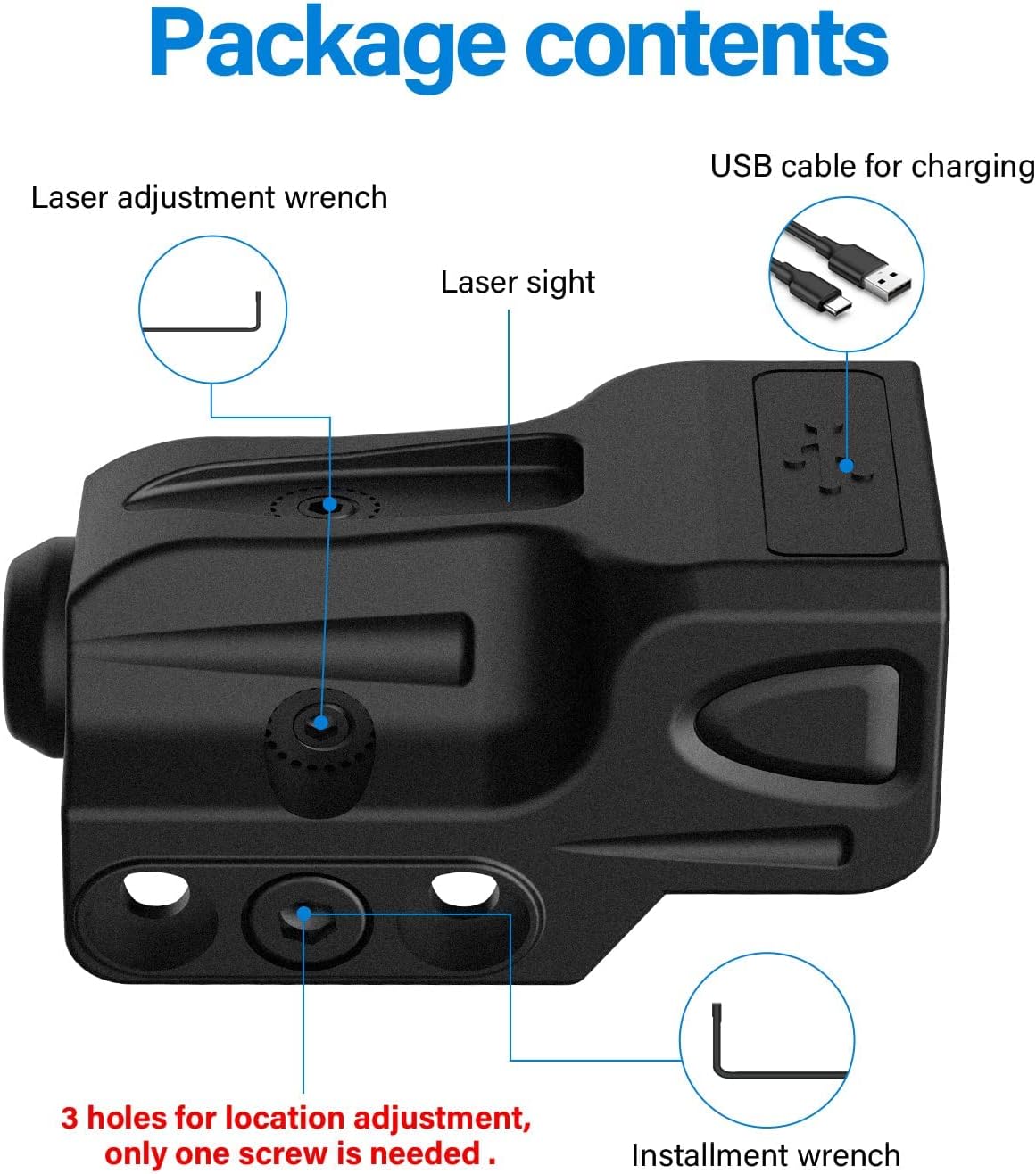 Contents of the SOLOFISH Laser Sight package including laser sight, USB cable, and adjustment tools.
