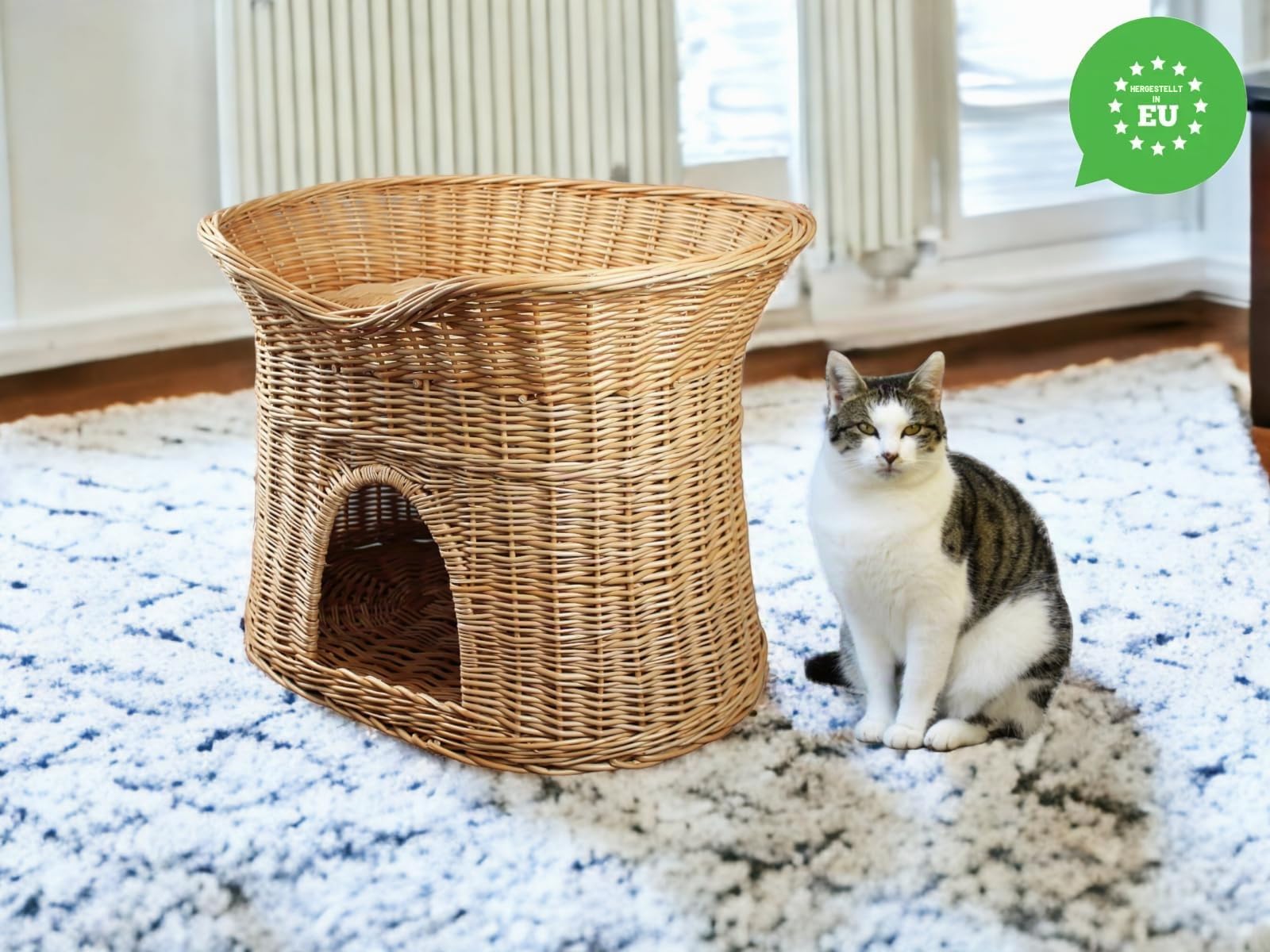 Katzenkorb zum Schlafen – Katzenhütte Indoor – Größe L: 60 cm oval – Katzenhöhle aus Weide – Zweistöckiger Hunde – oder Katzenbett – Natürliche Korbfarbe