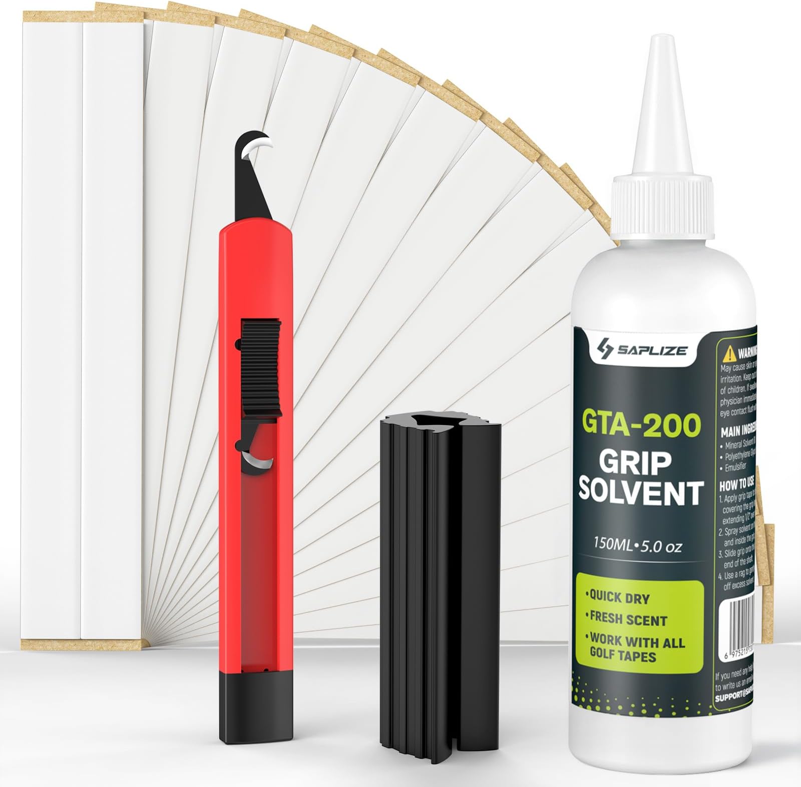 SAPLIZE Value Golf Grip Repair Kit – Includes 7.4oz GTA-200 Golf Grip Solvent, 15 Exclusive High-Performance Golf Grip Tape, Hook Knife, and Rubber Vise Clamp for Regripping Golf Club Grips