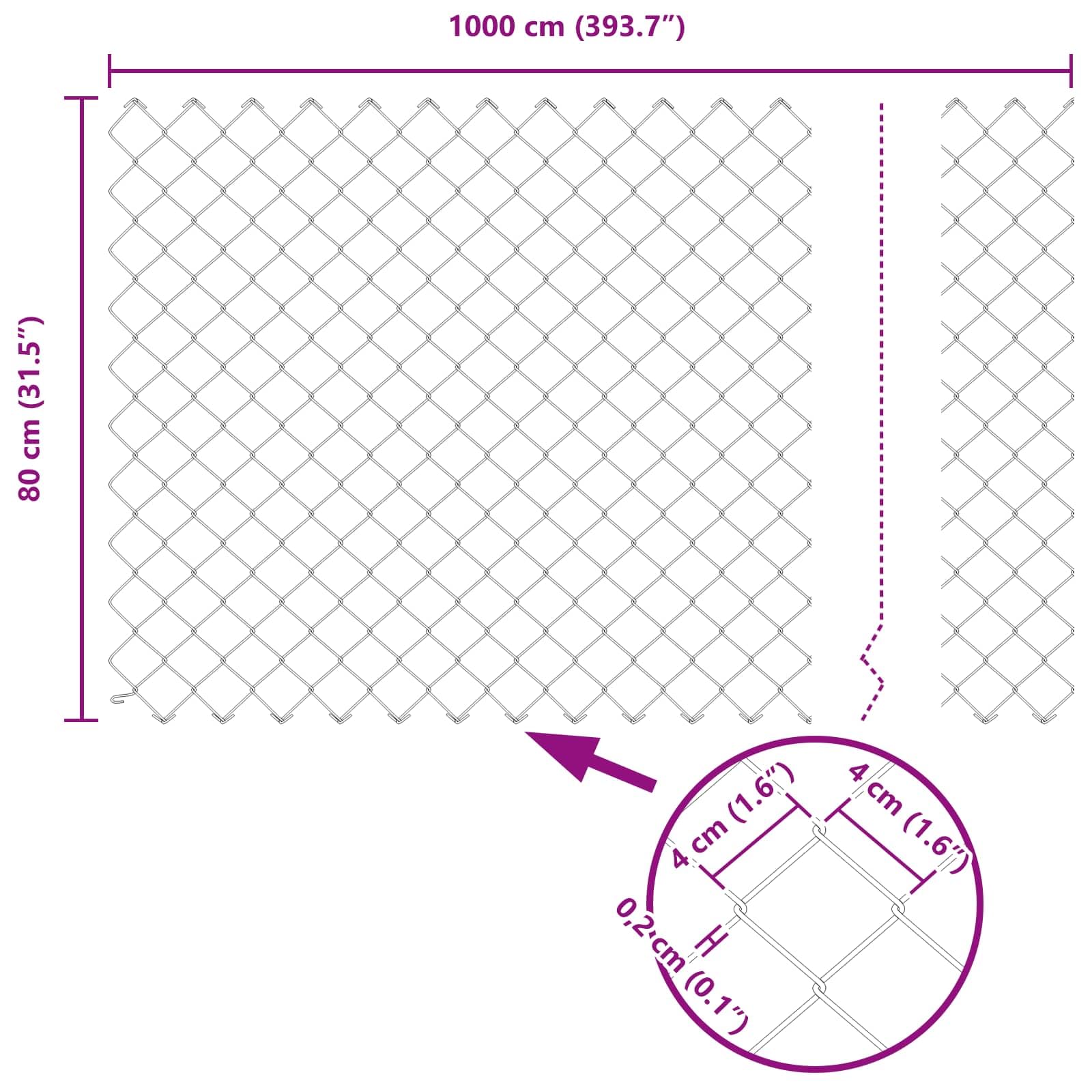Valla de cadena plateada 10 x 0,8 m, acero galvanizado, valla de malla para jardín, terrazas, cercado de animales, resistente a los rayos UV, resistente a la intemperie, duradero