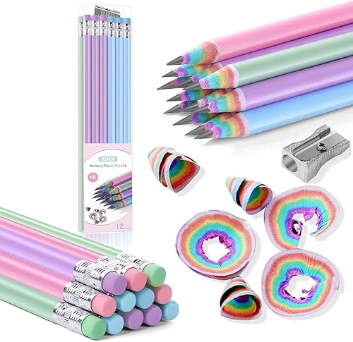 Miniatura 8 de Ainiv 12 lápices de papel arcoíris reciclados sin madera y plástico #2 HB lápices número 2 borradores con sacapuntas, lápices de colores macarrón