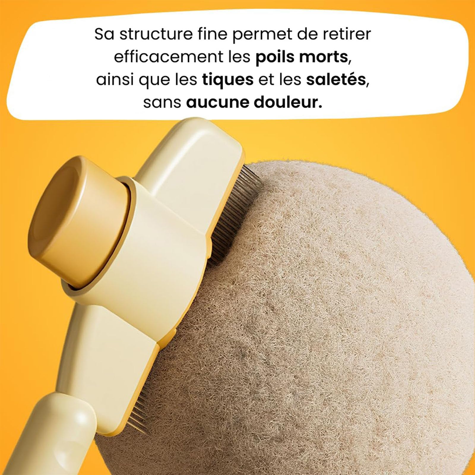 chat peigne, 2025 brosse anti-poils mort –peigne anti puces douce, efficace et autonettoyante, idéale pour poils longs et courts (Jaune)