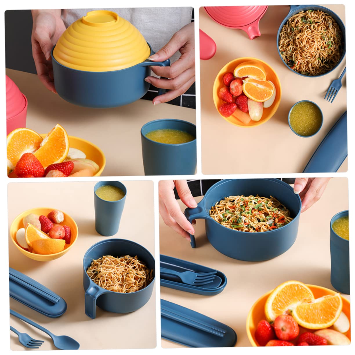 OKUMEYR Ramen Noodles Bowl Set Straw Instant Noodle Bowl with Lid Chopsticks Spoon Cup Case Lightweight Portable Dinnerware