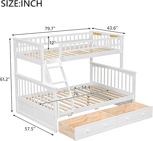 Miniatura 178 de Litera individual sobre matrimonial con cajones, escalera deslizante y almacenamiento, litera de madera con barandilla alta y escalera para niños,
