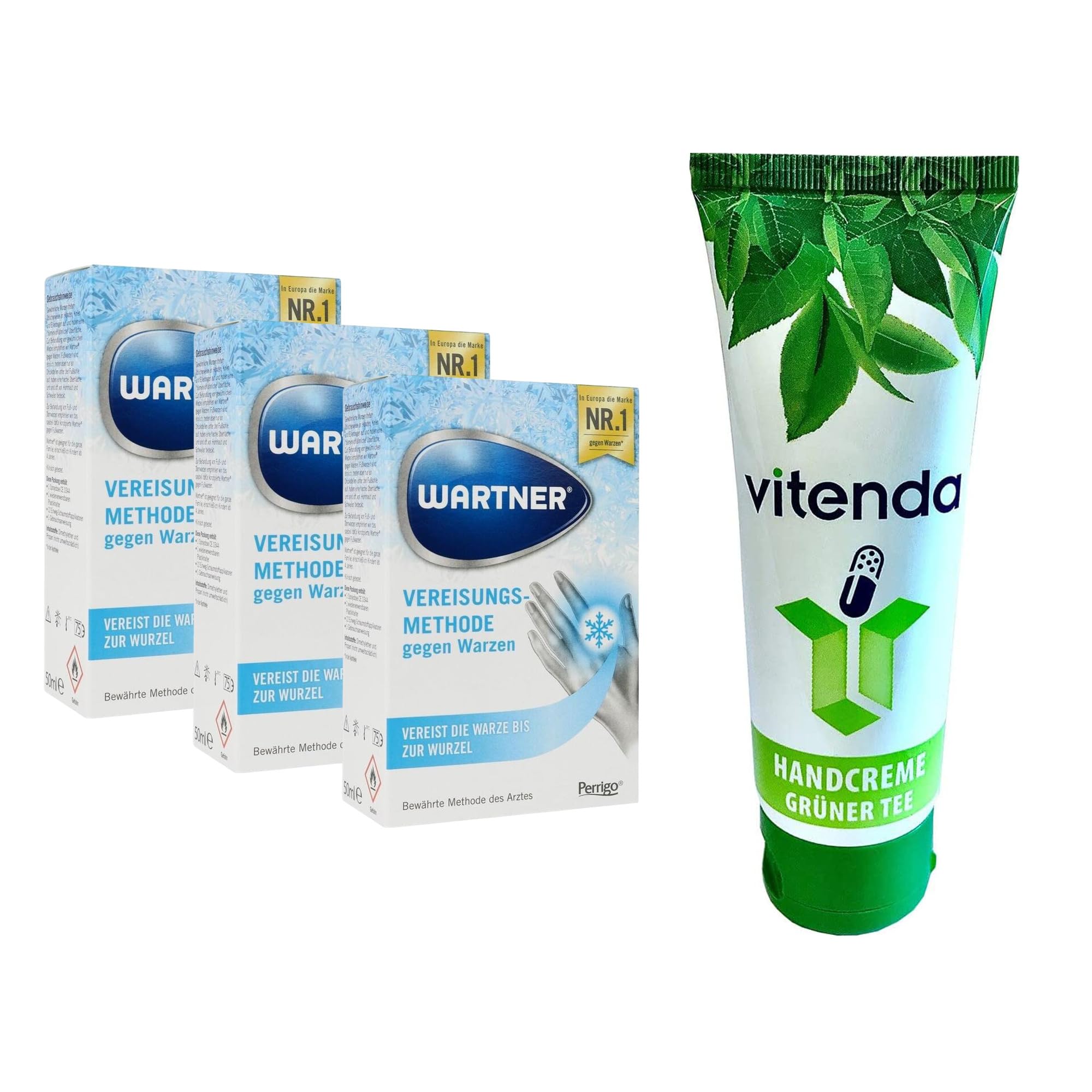Set: Warzenentfernung Vereisung Spray mit Wartner zur Kryotherapie bei Handwarzen, ab 4 Jahren, 3x50ml – inkl. vitenda Handcreme