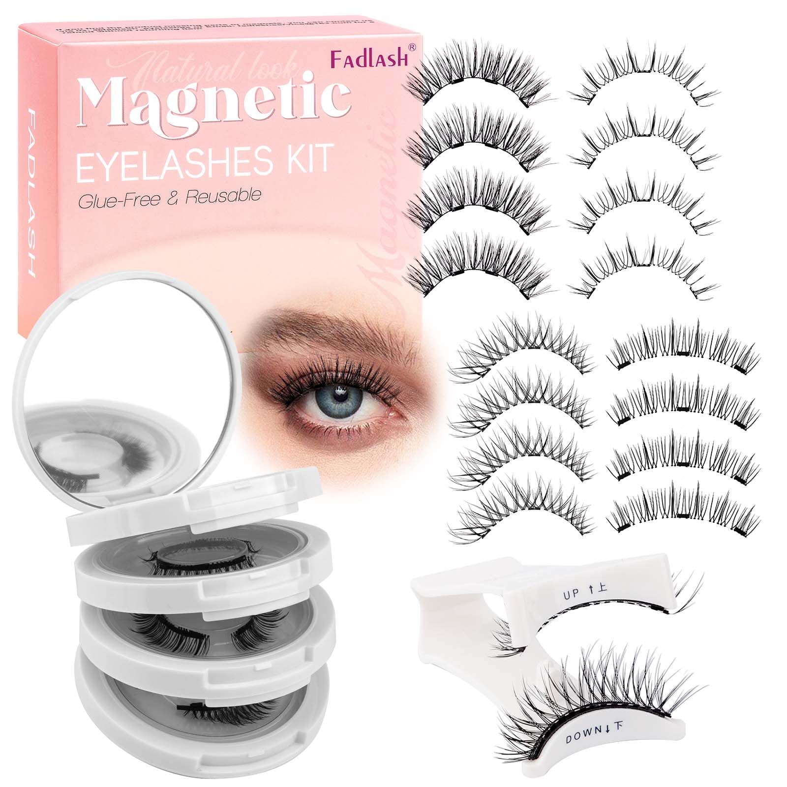 FADLASH Magnetic Eyelashes with Applicator 4 Pairs Natural Look Magnetic Lashes Reusable False Eyelashes Kit Easy to Wear and Remove (KS01+B1+MC+K8)