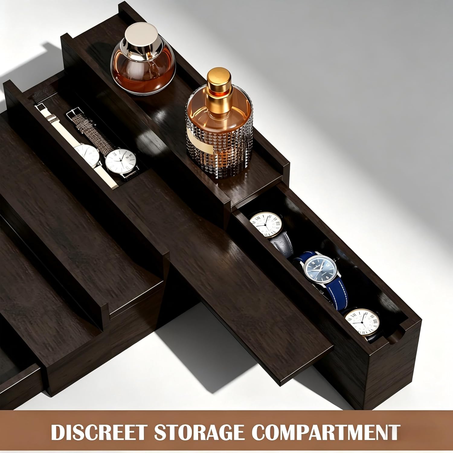 ETELI Cologne Organizer for Men Pine Wood Perfume Organizer 4 Tier Mens Cologne Stand with Drawer and Hidden Compartment Bathroom Countertop Storage Wooden Perfume Display Stand, Dark Brown