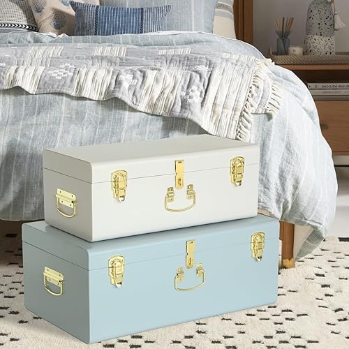 Miniatura 61 de Vixdonos Juego de 2 baúles decorativos de almacenamiento de caja de metal con asa (blanco con cierres de bronce) Blanco con cierres de bronce,Beige