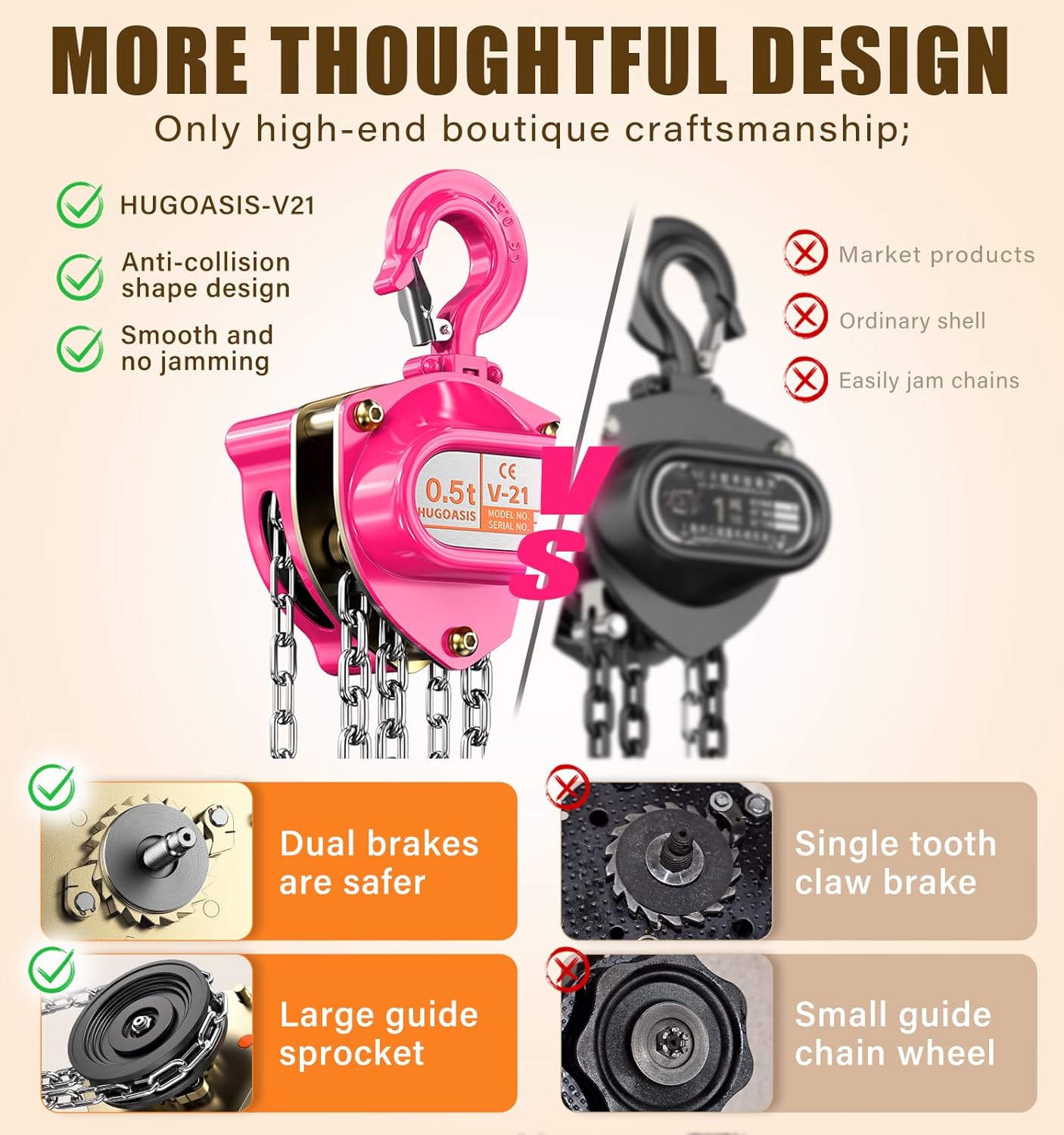 Hand Chain Hoist 1/2 Ton 1100Lbs Capacity 10FT – Manual Chain Block with 2 Heavy Duty Hooks,Dual Brakes & Manganese Steel Chain for Garage, Workshop & Automotive Machinery,Pink