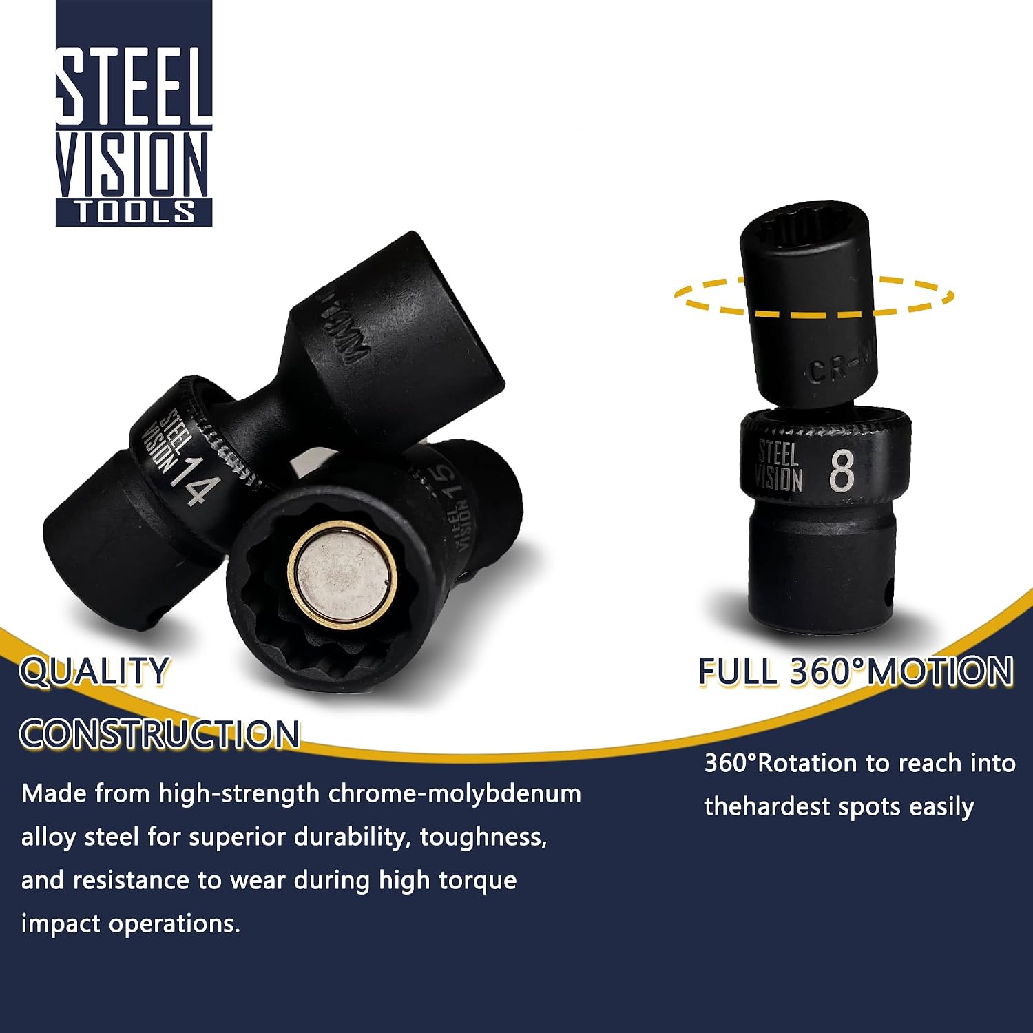 Steel Vision Tools 11 Piece 1/4-Inch Drive Universal Magnetic Impact Socket Set, Metric, 12 Point, CR-MO, 5mm to 15mm, Swivel Socket with Flexible Wobble, Magnetic Swivel Impact Socket, Magnetic Tips