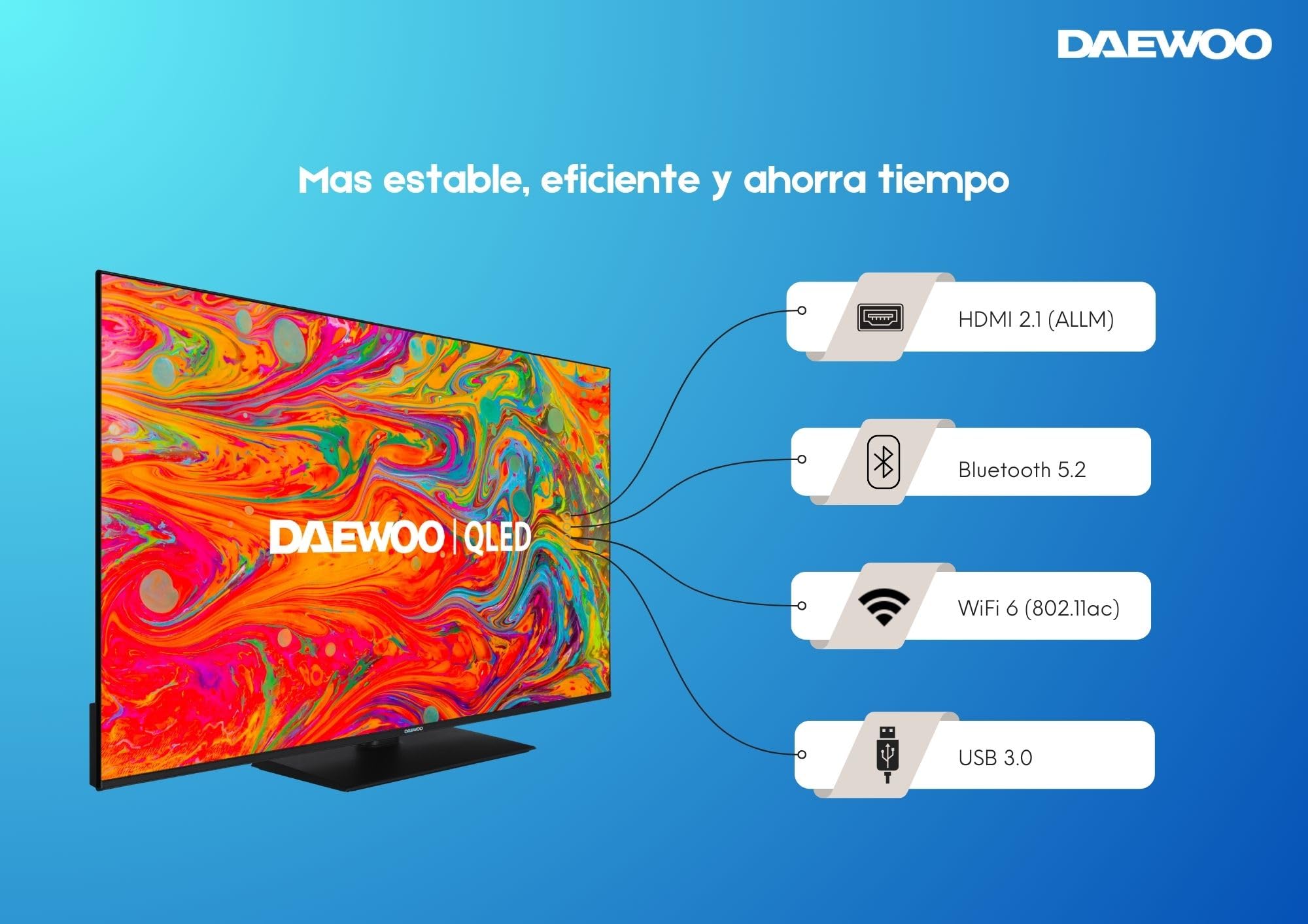 Daewoo 55DM65QV 2025 55" - QLED Smart TV 4K HDR 3840 x 2160, Dolby Vision, Dolby Audio, Peana Central, Diseño sin Marcos