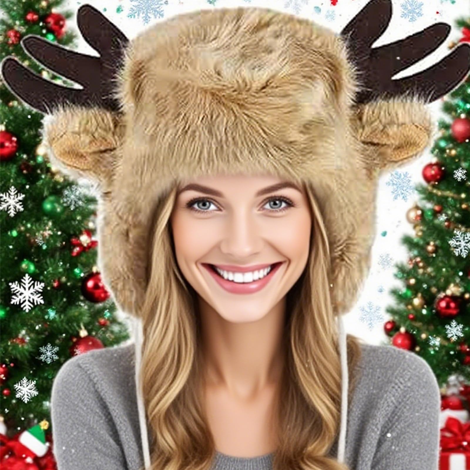 YJZQ Bonnet unisexe Bonnet animal Chaud Chapeau tête de Renne et Corne du Veau Cagoule en Peluche Casquette Fausse Fourrure pour Adult Grand Enfants Cadeau Noël Aniverssaire Fête