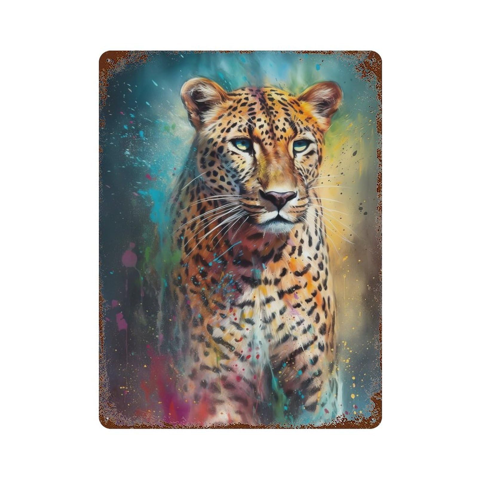 Vintage Rust Metal Sign Cheetah Painting 15.7"x11.8", Decorative Metal Wall Art for Basement, Hobby Room And Garage Decor