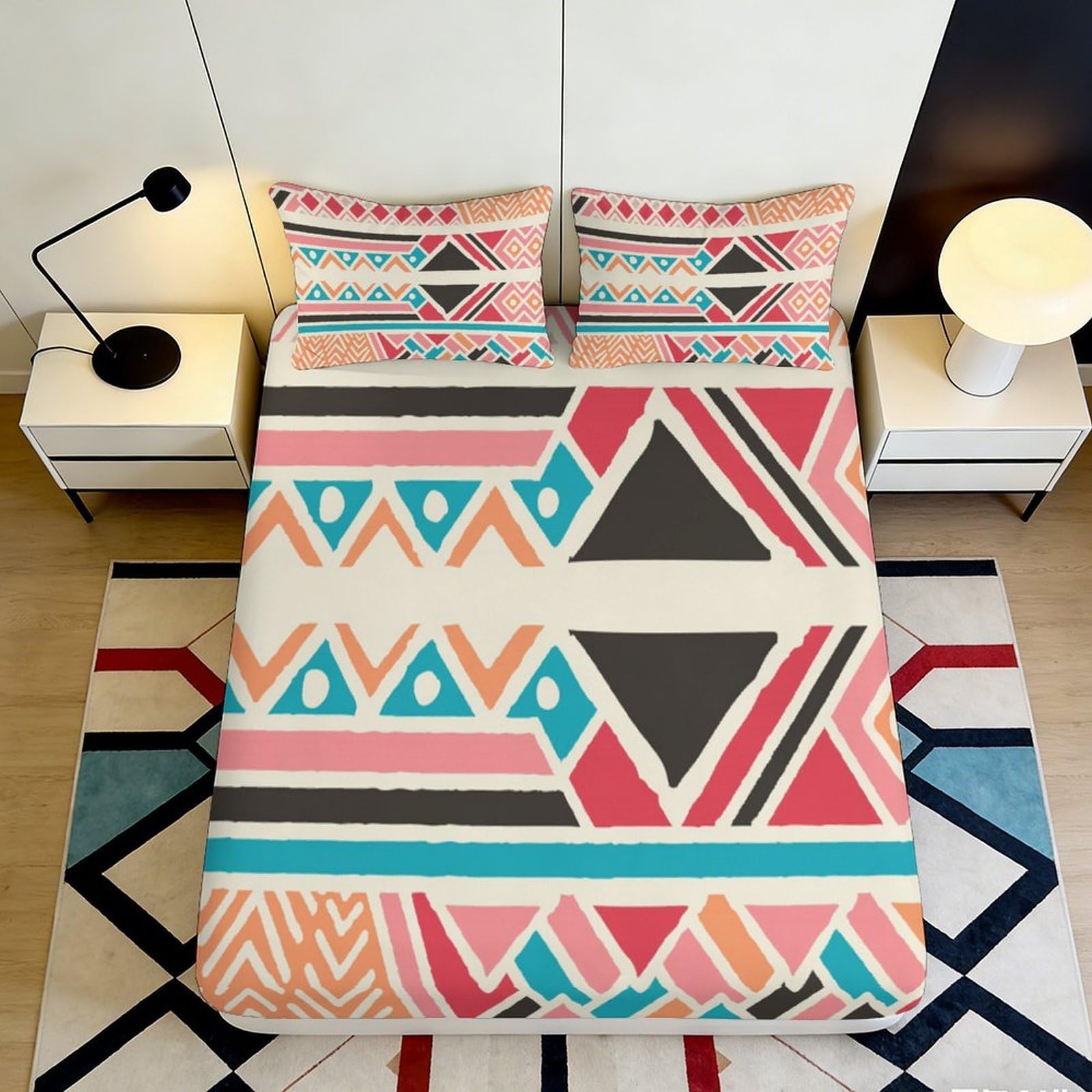 3D Printed Geometric Tribal Fitted Sheet Microfiber Soft Multicolor Aztec Mattress Cover for Bedroom Dorm Room Decor 140x200x25cm