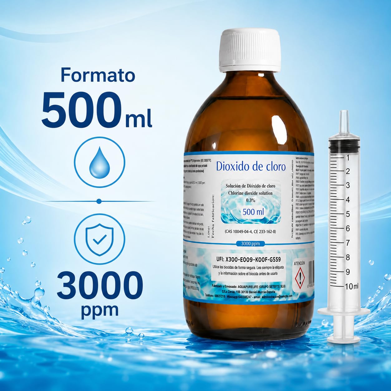 Dioxido de Cloro 3000ppm - CDS 0,3% - Envasado en Botella Cristal Ambar - Fabricado en España (500ml)