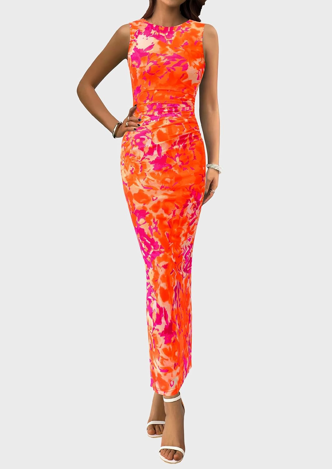 PRETTYGARDEN Womens Summer Wedding Guest Dress 2026 Spring Mesh Sleeveless Bodycon Ruched Floral Holiday Maxi Long Dresses - Image 5