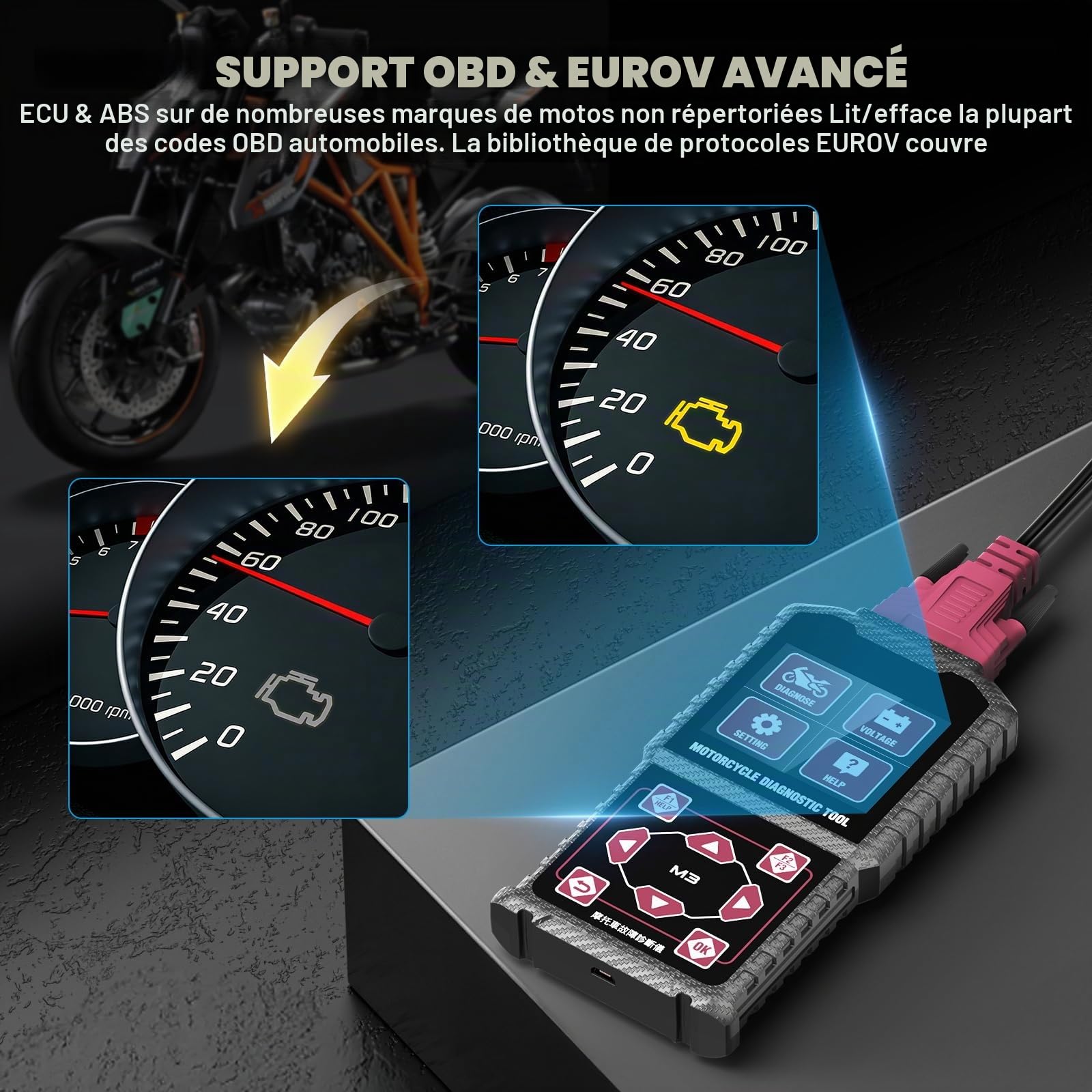 Appareil de Diagnostic OBD2 pour Moto avec câble Euro-5, Lecteur et Scanner de Codes défaut pour Moto, Compatible avec Yamaha 2/3/4P, Kawasaki 4-6P, Honda 4P et Motos OBDII
