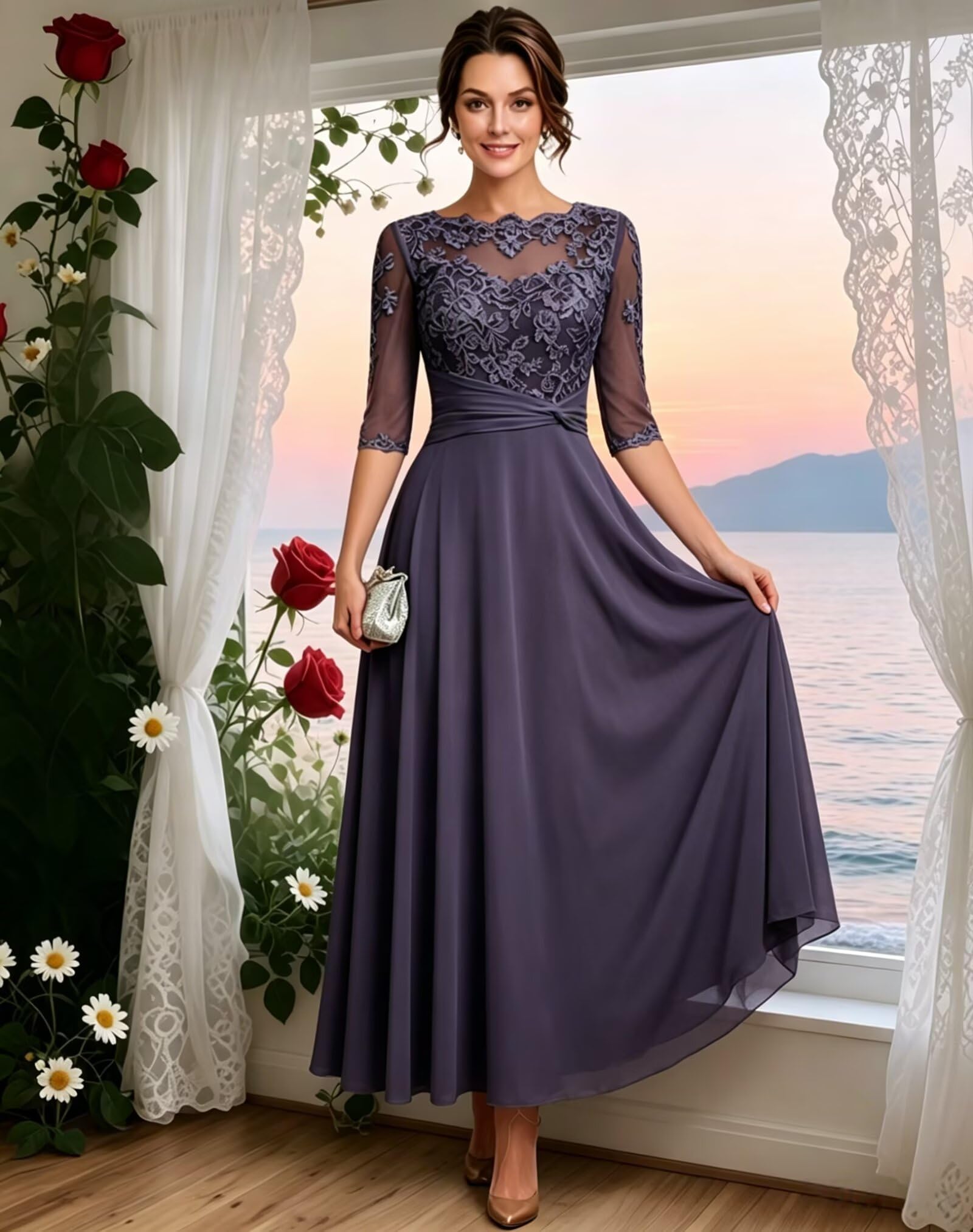 Damen Spitzenapplikationen Halbarm Chiffon Brautmutterkleider Lang A-Linie Abendkleider Elegant Für Hochzeit