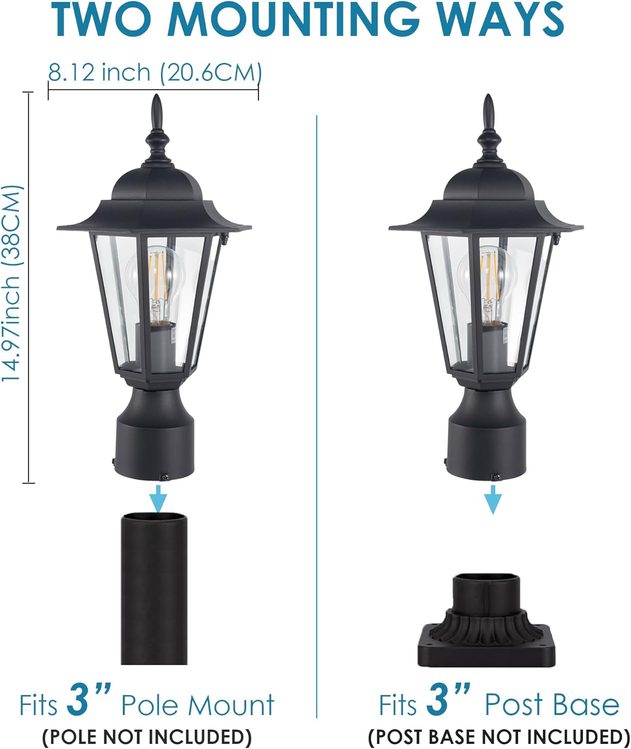 GRUENLICH Outdoor Post Light, Black Waterproof Lamp Post Lights Fxiture, Aluminum Pole Lantern for Outside Yard Pathway Garden, 2 Pack