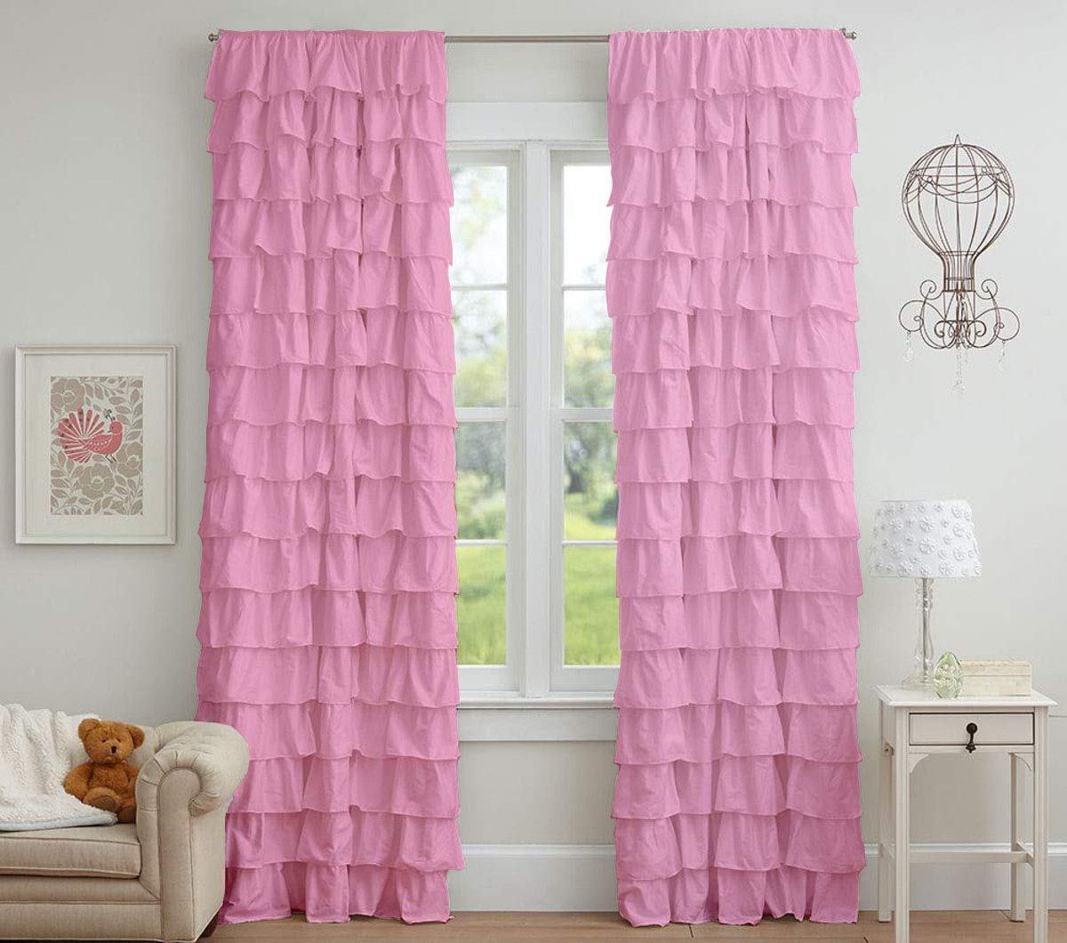 Dekor World 2 Pieces Cotton Pink Sheer Ultimate Ruffle Collection Rod Pocket Curtain Set (Window Curtain: 110x150 cm or 42x84 Inches or 4x5 Feet)-for Bedroom and Living Room