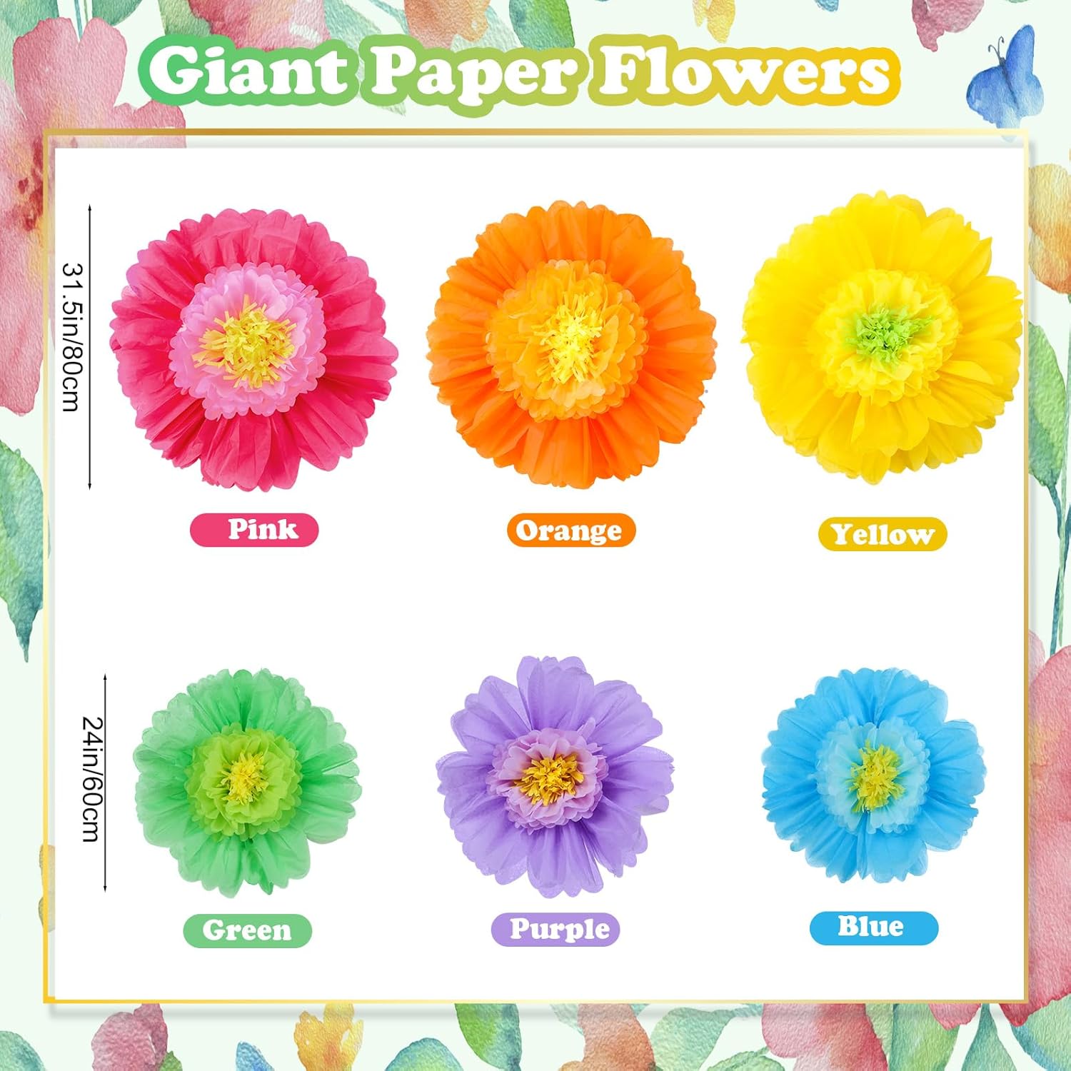 Giegxin 6 Pcs Colorful/Pink/White/Pastel/Rose Red/Orange Giant Paper Flower Extra Large Tissue Flower for Wall Mexican Fiesta Crepe Wedding Bridal Shower Birthday (31.5",24",Colorful)