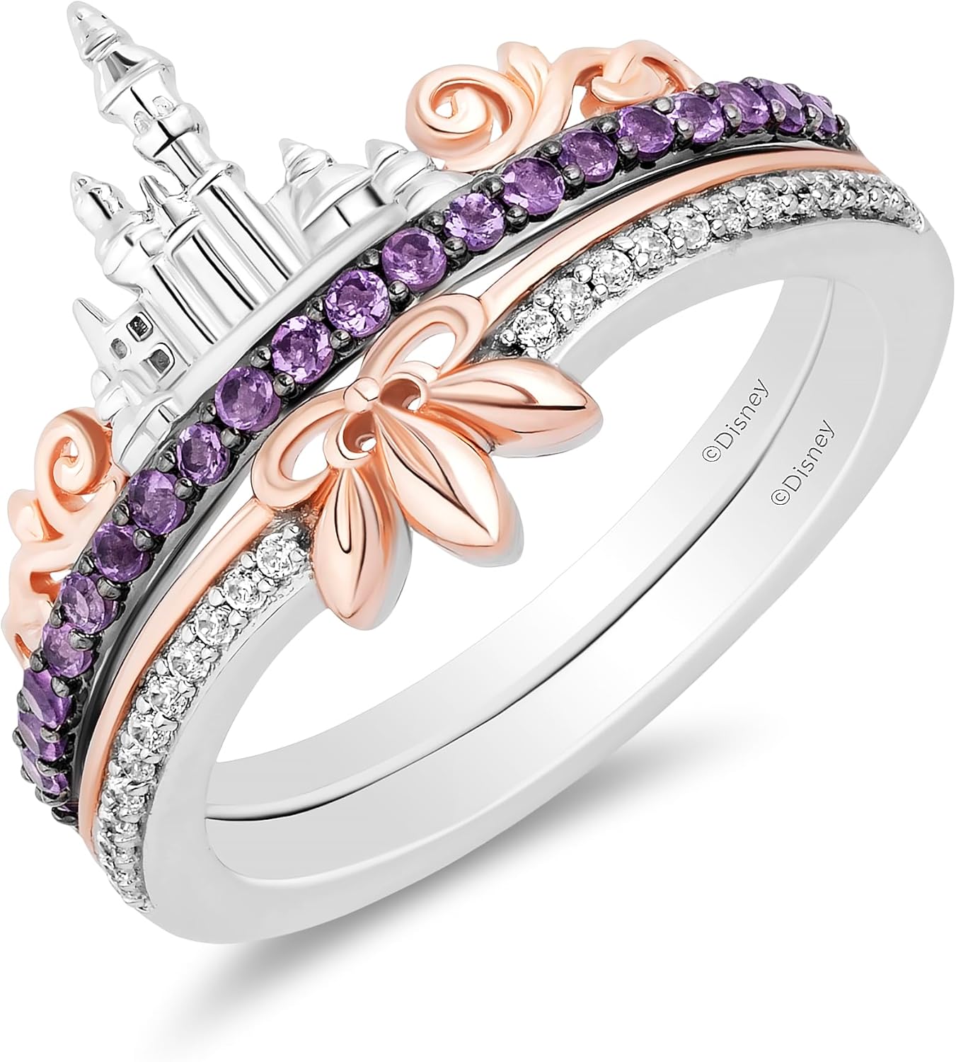 Jewelili Enchanted Disney Fine Jewelry 14K Rose Gold over Sterling Silver with 1/20 CTTW Diamond and Amethyst Rapunzel Duo Stack Ring