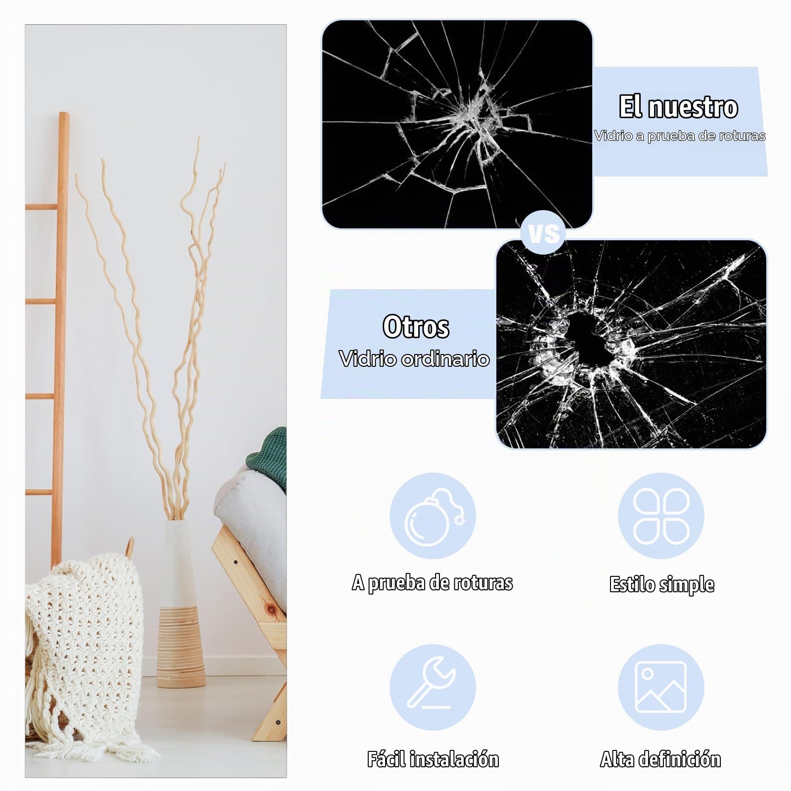 HOMASIS Espejo de Pared Moderno, Espejo de Cuerpo Entero 110 x 38 cm, sin Marco, Espejo Rectangular, Espejo de Pared Largo para Dormitorio, salón, recibidor