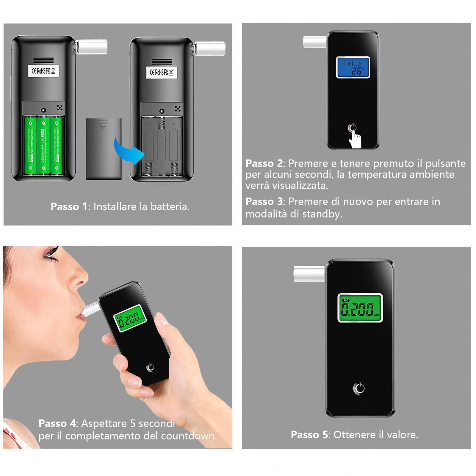 Tragbarer Alkoholtester, zertifiziert, professioneller digitaler Alkoholtest, mit LCD-Display, blau, digital, tragbar, persönlich, für den privaten und professionellen Gebrauch (10 Mundstücke)