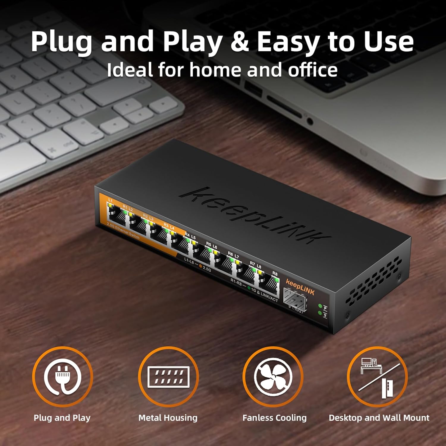 8 Port 2.5G Switch Unmanaged, Ethernet Switch with 8 x 2.5G Base-T Ports, 1 x 10G Base-T SFP Slot, 60Gbps Switching Capacity, Plug & Play, Fanless Metal, Wall Mountable